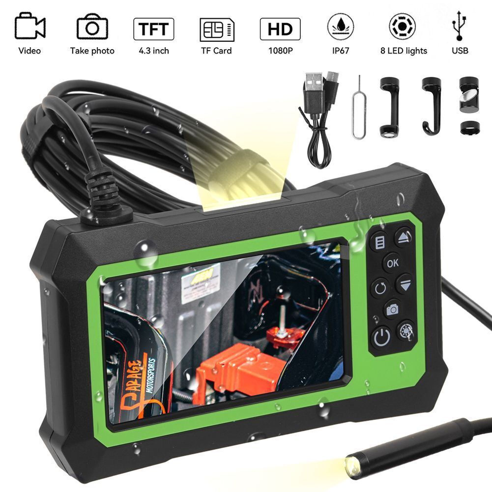Ein Endoskop mit Bildschirm, Kabel, USB und Zubehör.