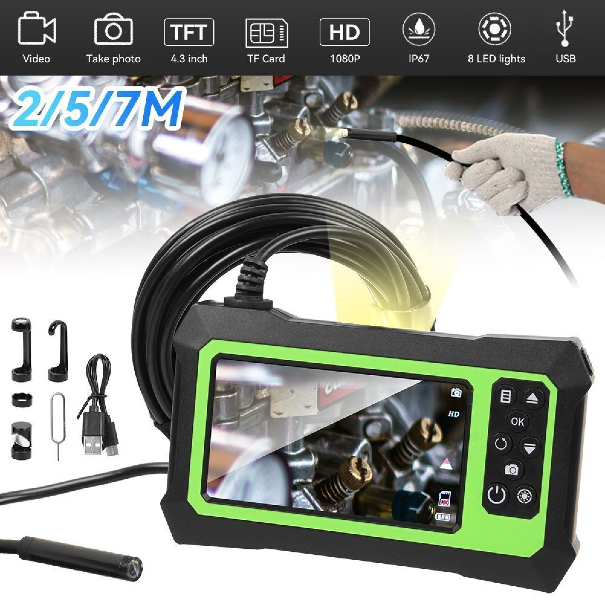 Ein tragbares Inspektionskamera-Kit mit Bildschirm, Kabel und Zubehör.