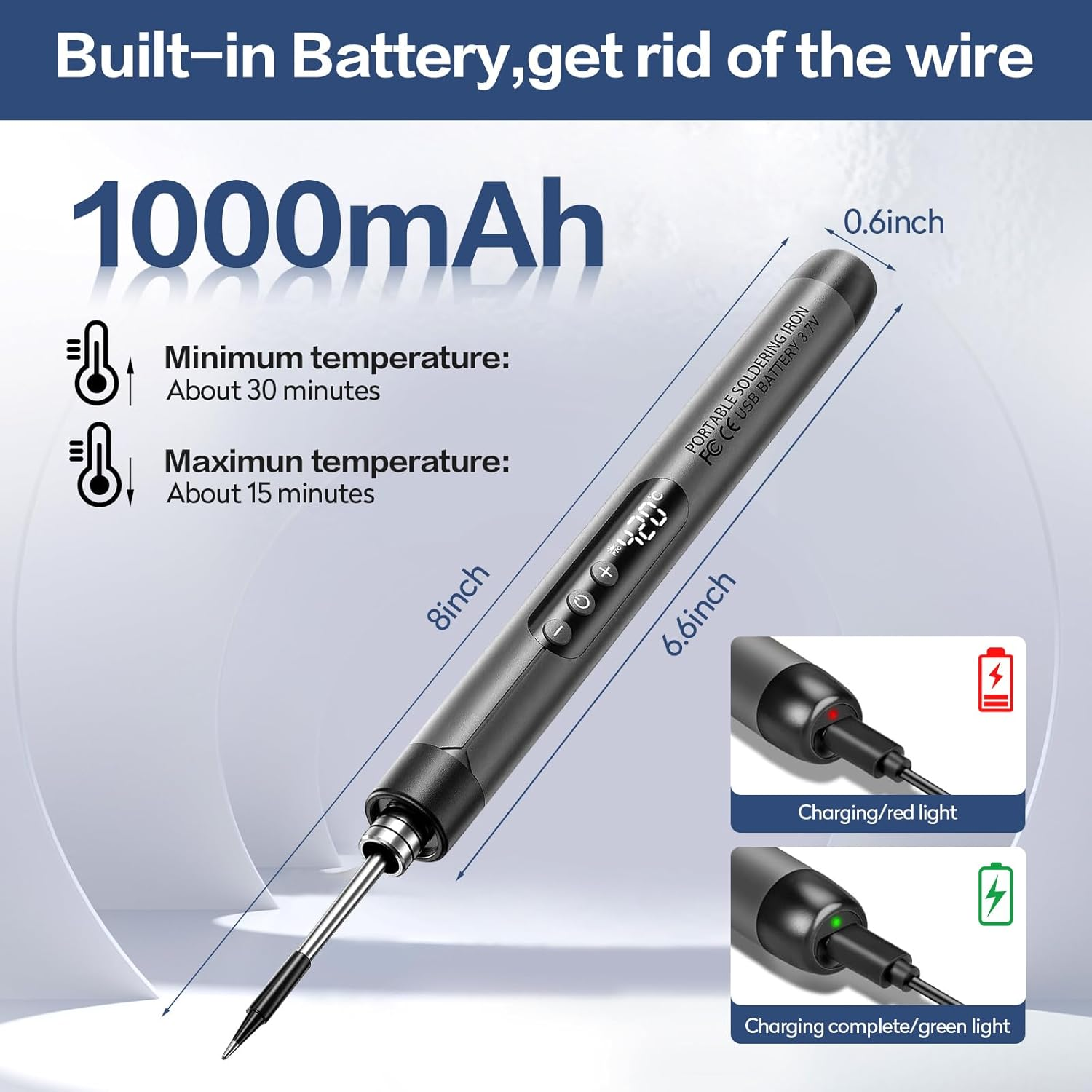 Graues Lötwerkzeug mit 1000mAh Akku, 8 Zoll lang, 0,6 Zoll dick.