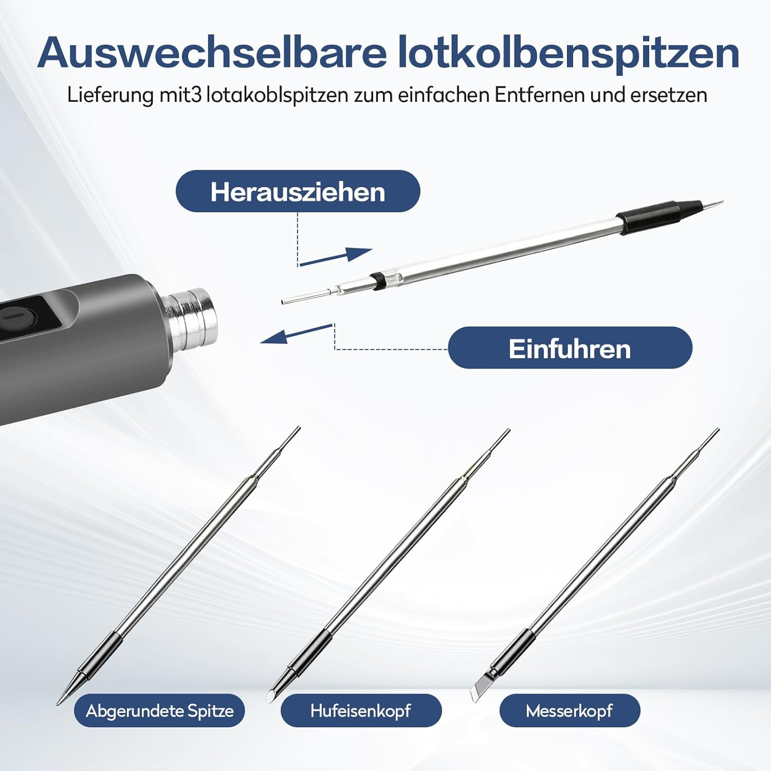 Grafik zeigt drei auswechselbare Lötspitzen: abgerundet, Hufeisen und Messer.