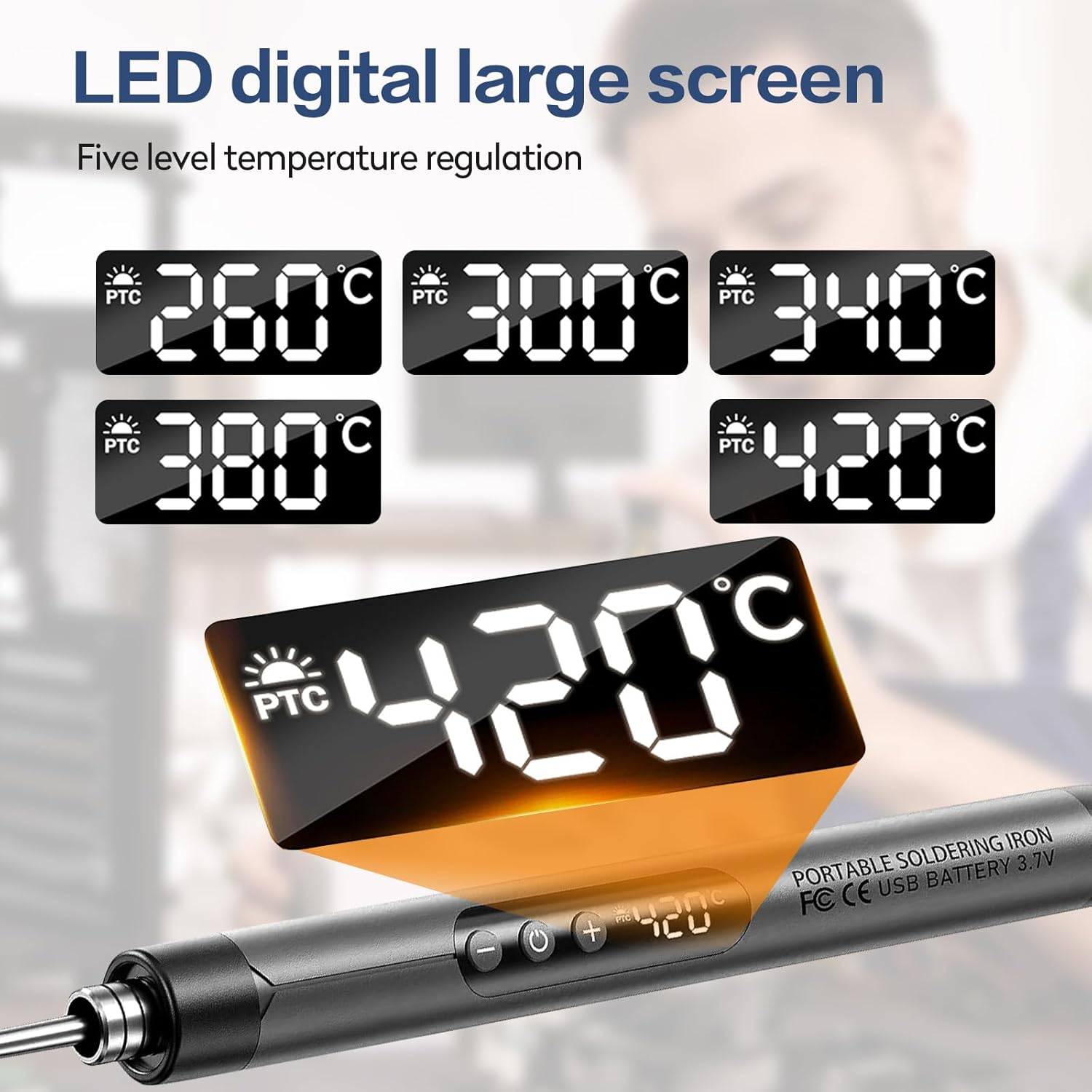 Ein tragbares Lötgerät mit LED-Bildschirm zeigt Temperaturen von 260-420°C an.