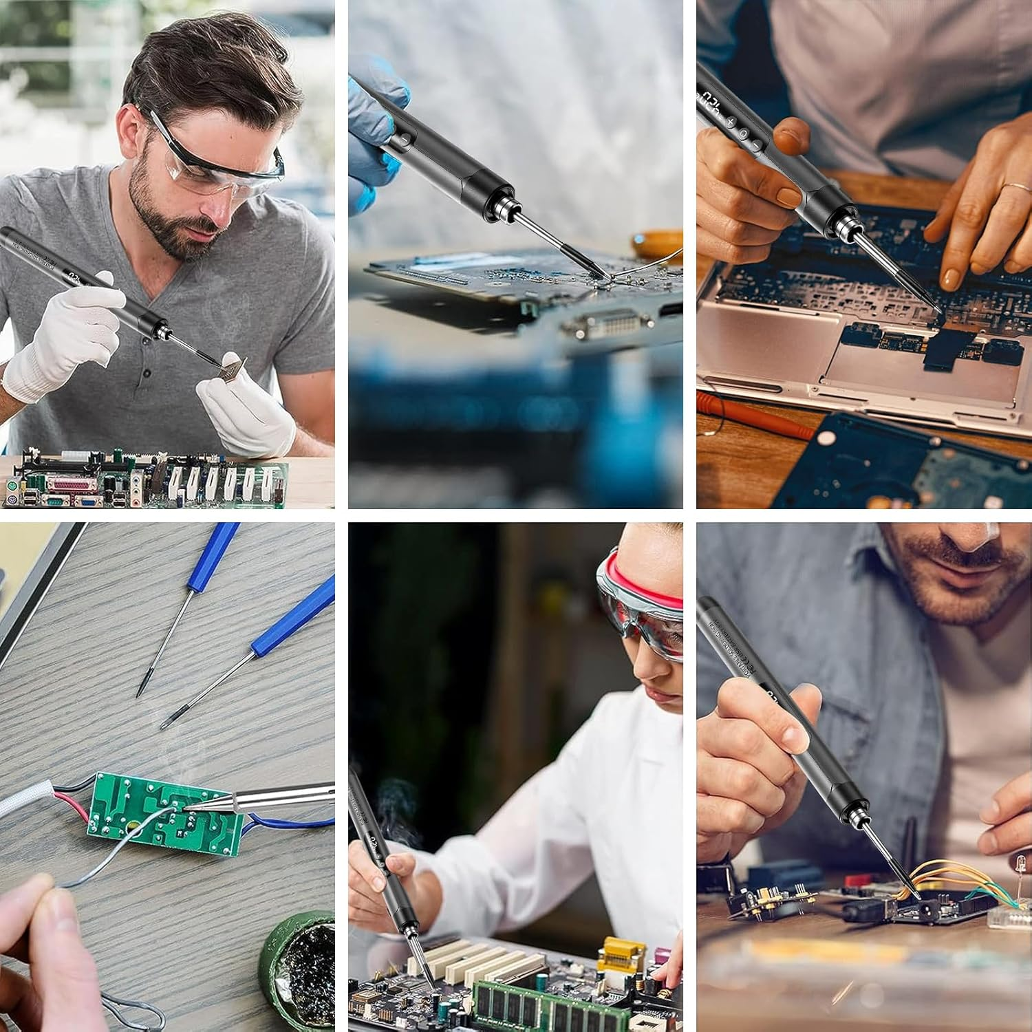 Mann lötet an Platinen, Werkzeuge und Elektronik liegen herum.