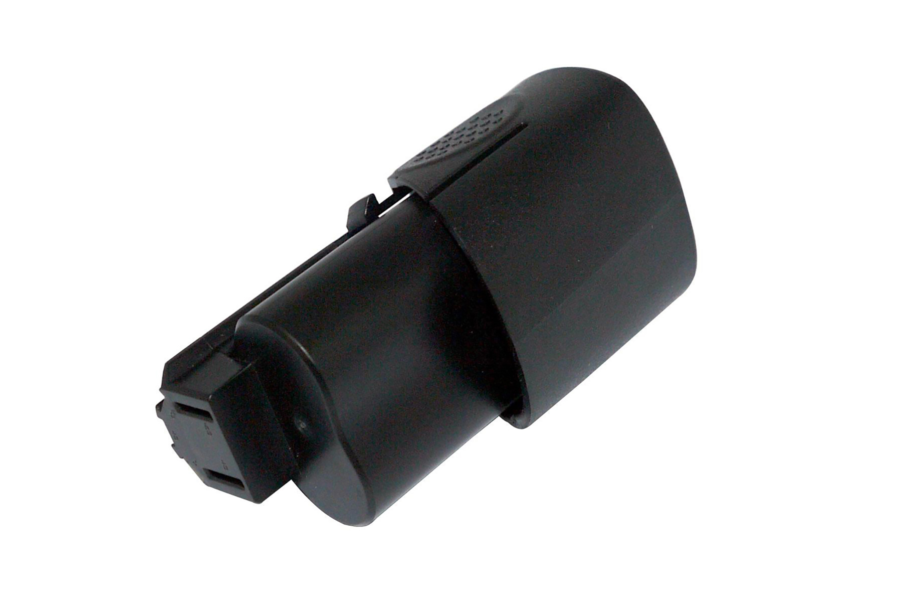 Schwarzer Batterieadapter mit rechteckigen Anschlüssen auf weißem Hintergrund.