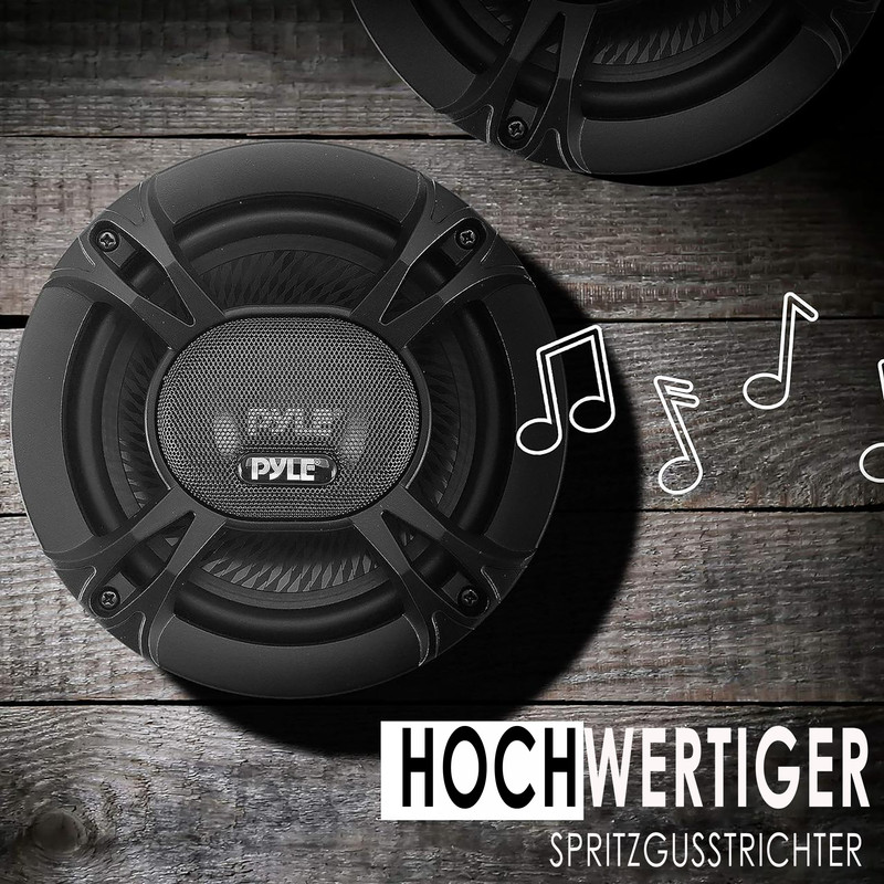 Zwei schwarze Pyle-Lautsprecher auf Holz. Musiknoten sind dargestellt.
