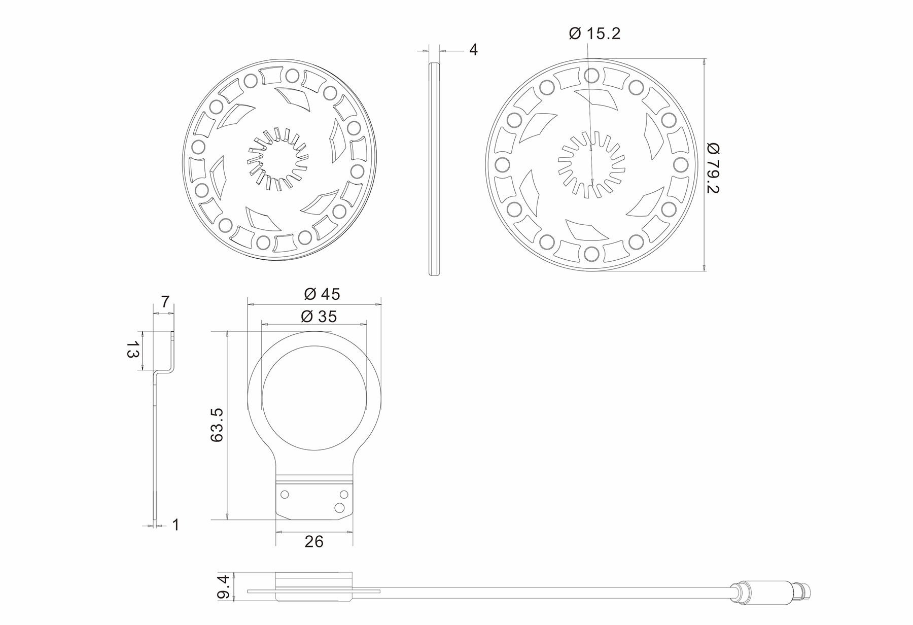 Technische Zeichnung eines runden Bauteils mit Maßen und mehreren Ansichten.