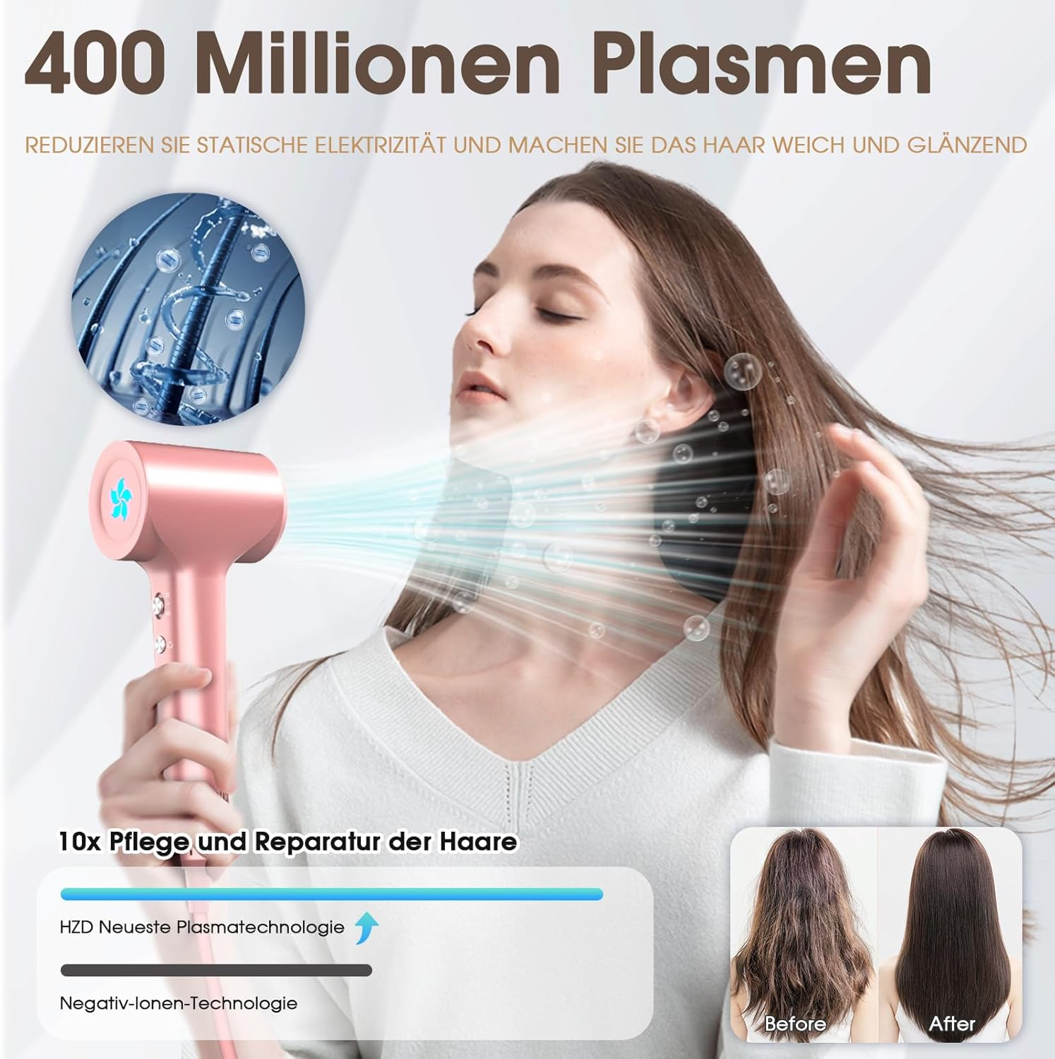 Ein rosa Haartrockner mit Plasma-Technologie behandelt das Haar einer Frau.