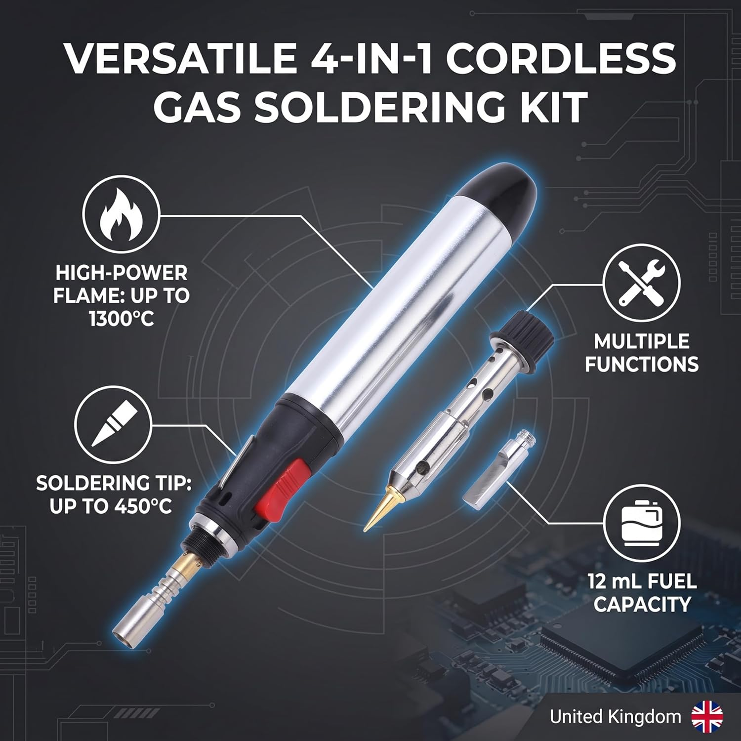 Vielseitiges kabelloses 4-in-1 Gaslötkolben-Set mit Hochflamme, Lötspitze, Multifunktion und 12ml Tank.