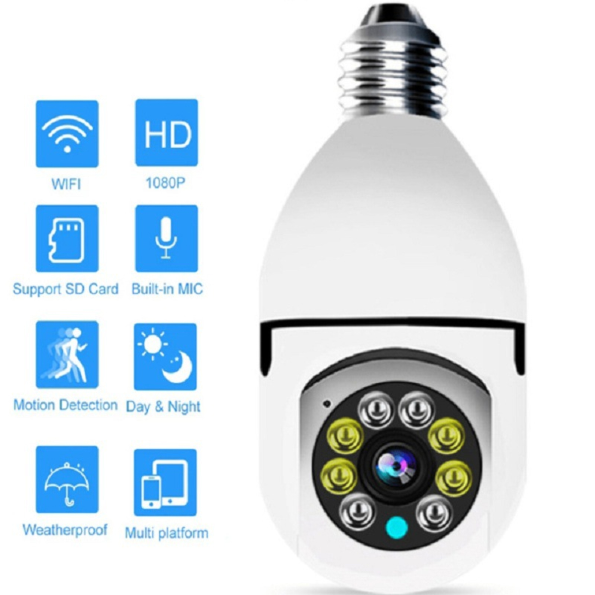 Eine weiße Glühbirnenkamera mit 8 IR-LEDs, Linse und Statuslicht. Daneben sind Icons für WLAN, HD, SD-Karte, Mikrofon, Bewegungserkennung, Tag/Nacht, wasserdicht.