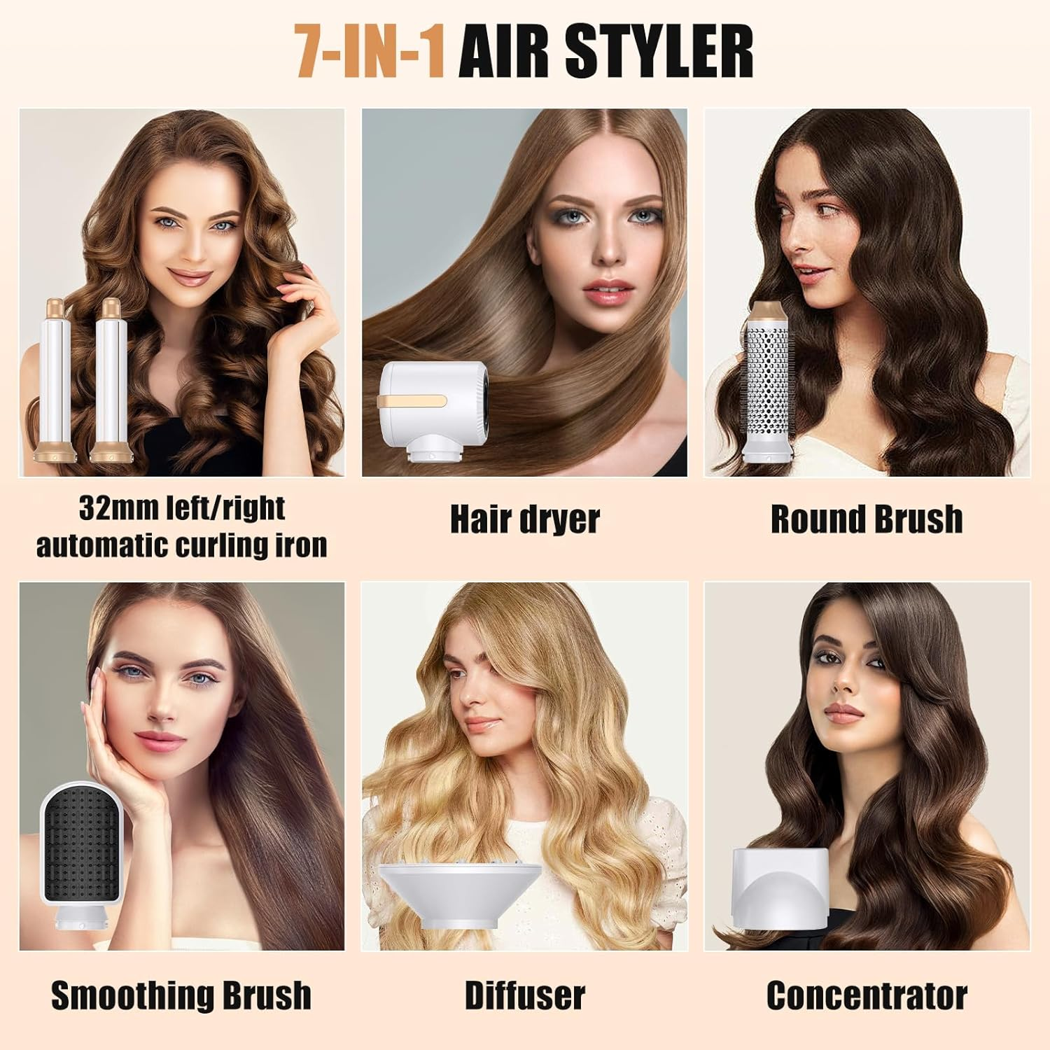 6 Frauen präsentieren 7-in-1 Luftstyler-Aufsaetze: Lockenstab, Föhn, Rundbürste, Glättbürste, Diffusor, Konzentrator.