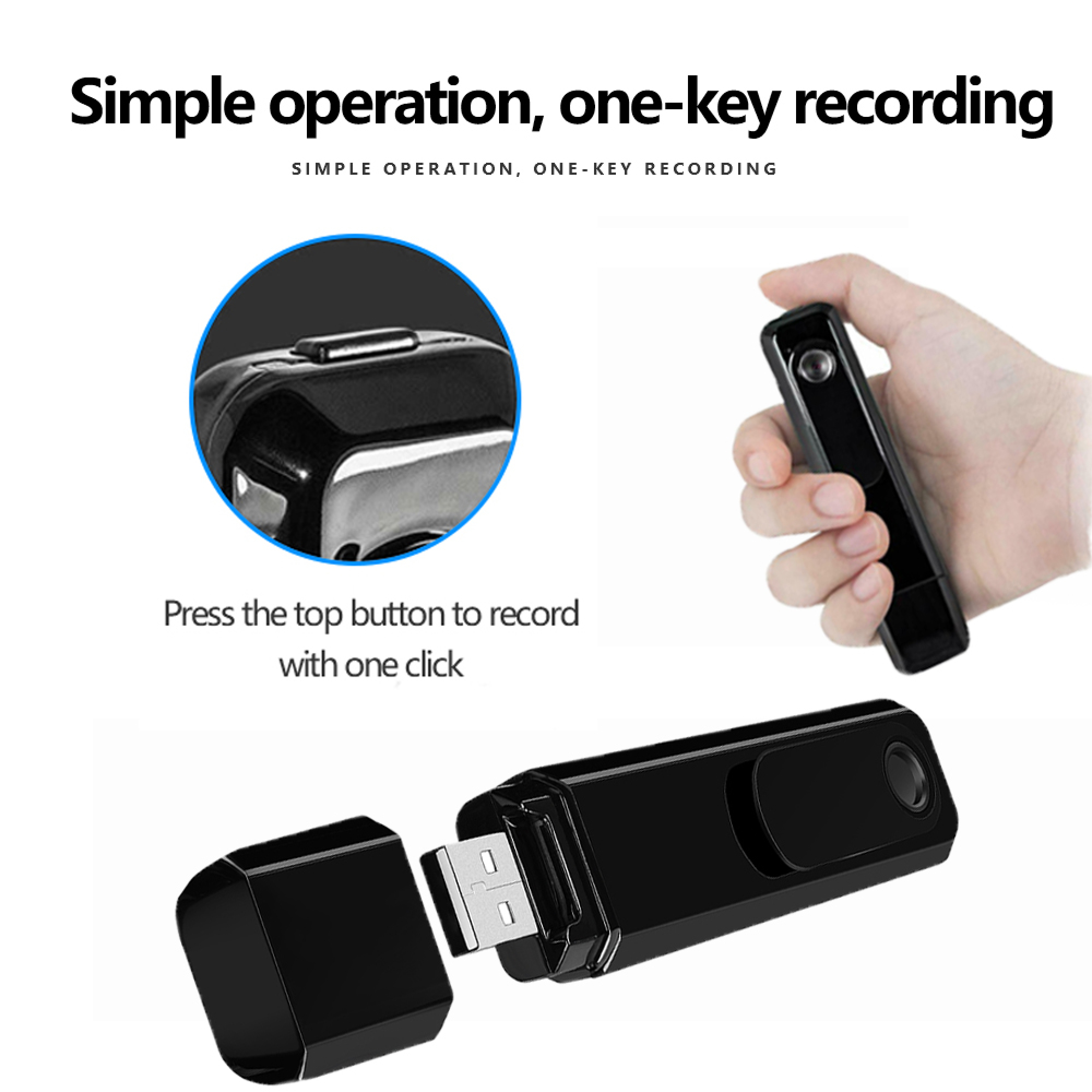 Ein schwarzer USB-Rekorder mit abgenommener Kappe, der eine einfache Ein-Klick-Bedienung zeigt.