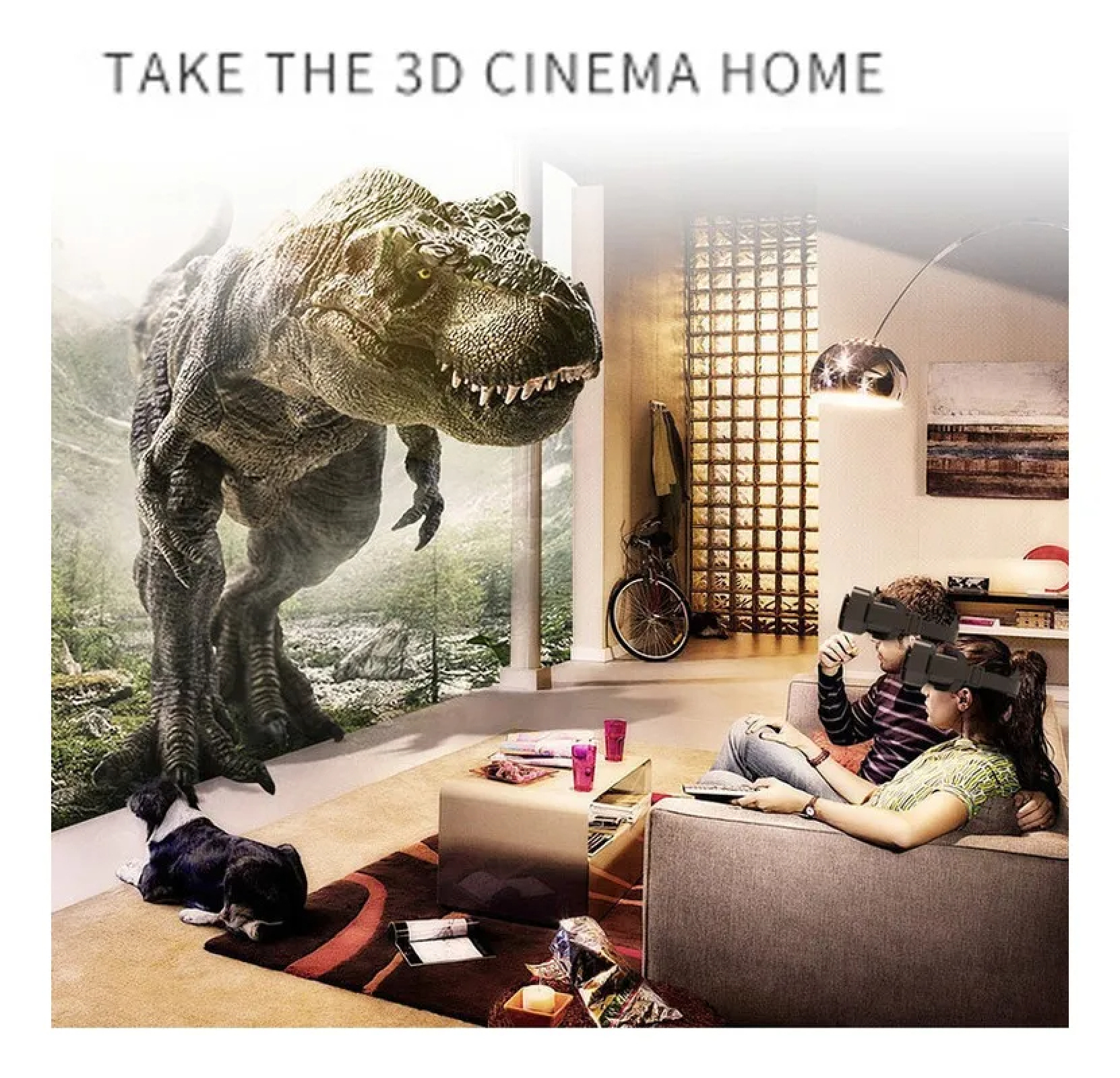 Menschen in VR-Headsets sehen einen T-Rex in einem Wohnzimmer. Hund auf Teppich.