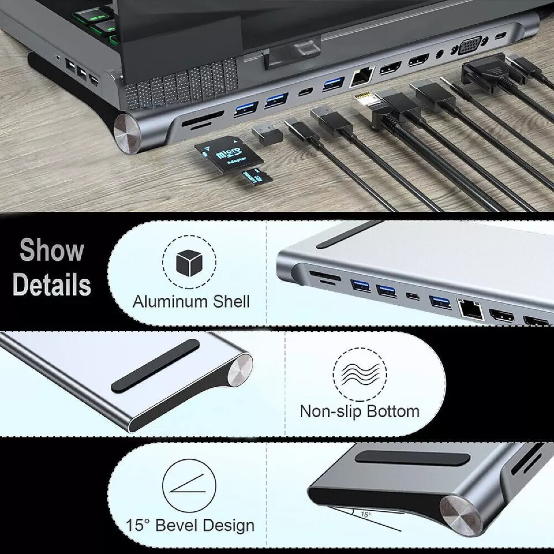 Ein Laptop-Dock mit Aluminiumgehäuse, vielen Anschlüssen und Kabeln.