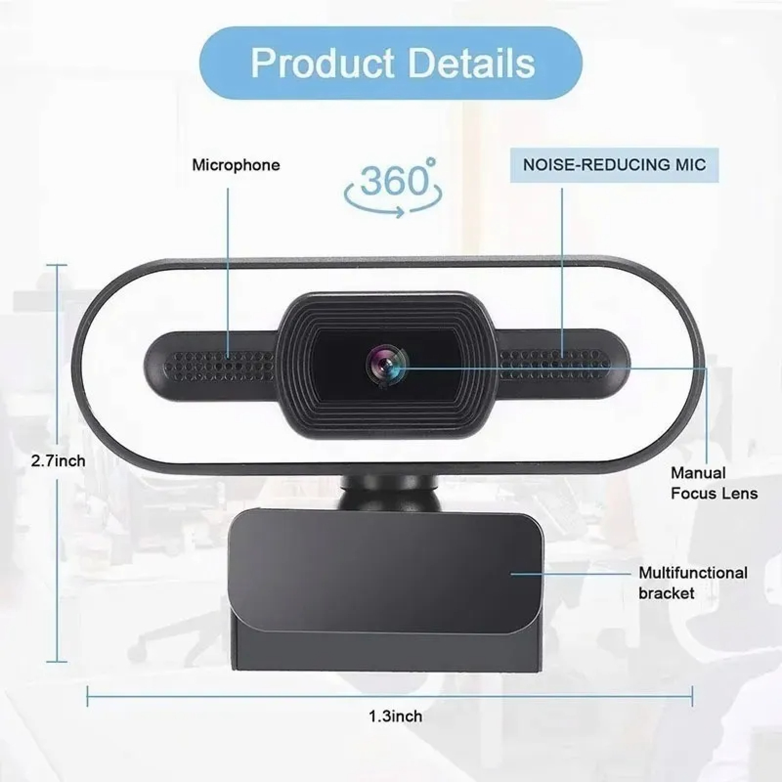 Eine Webcam mit Mikrofon, Rauschunterdrückung, manuellem Fokus und 360°-Drehung.