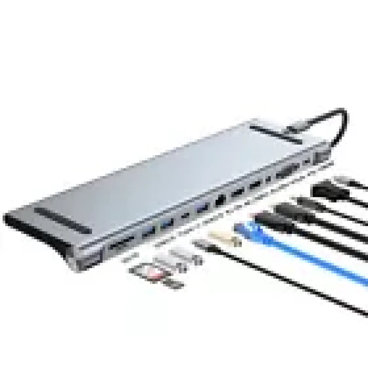 Silberne USB-C-Hub mit mehreren Anschlüssen und Kabeln auf weißem Hintergrund.