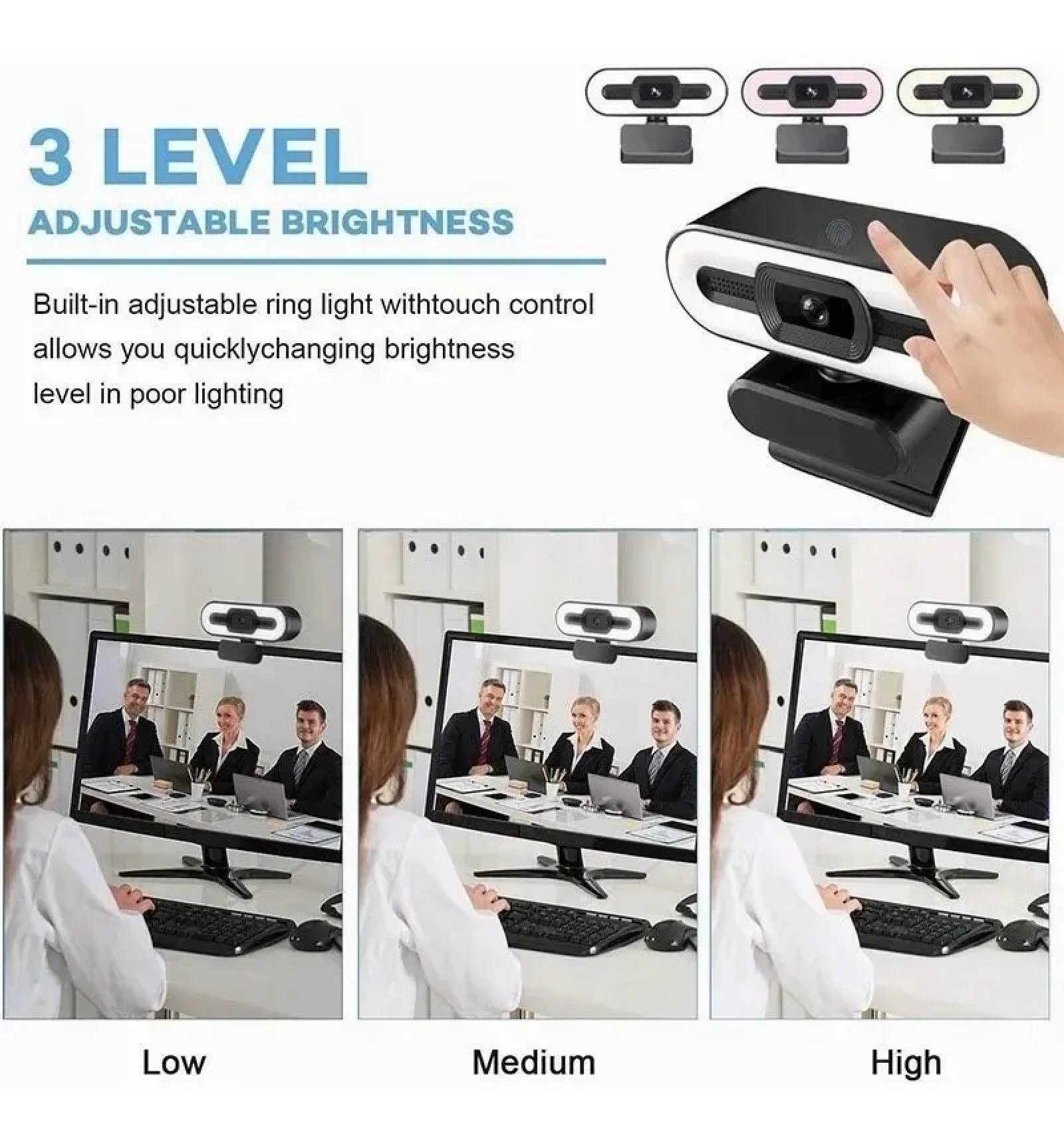 Webcam mit 3 Helligkeitsstufen und Ringlicht für Videoanrufe.