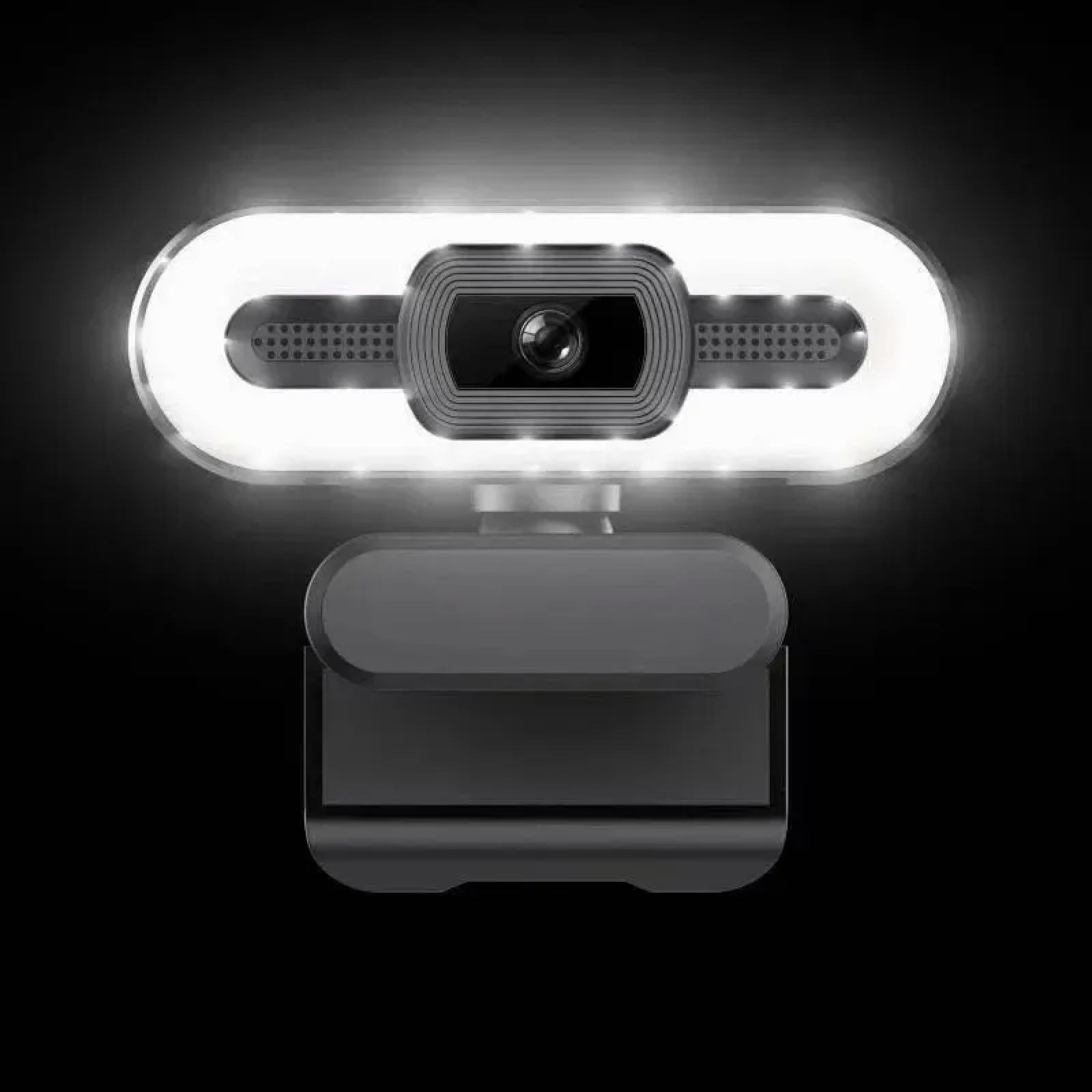 Eine dunkle Webcam mit LED-Ringlicht, die auf einem Ständer montiert ist.