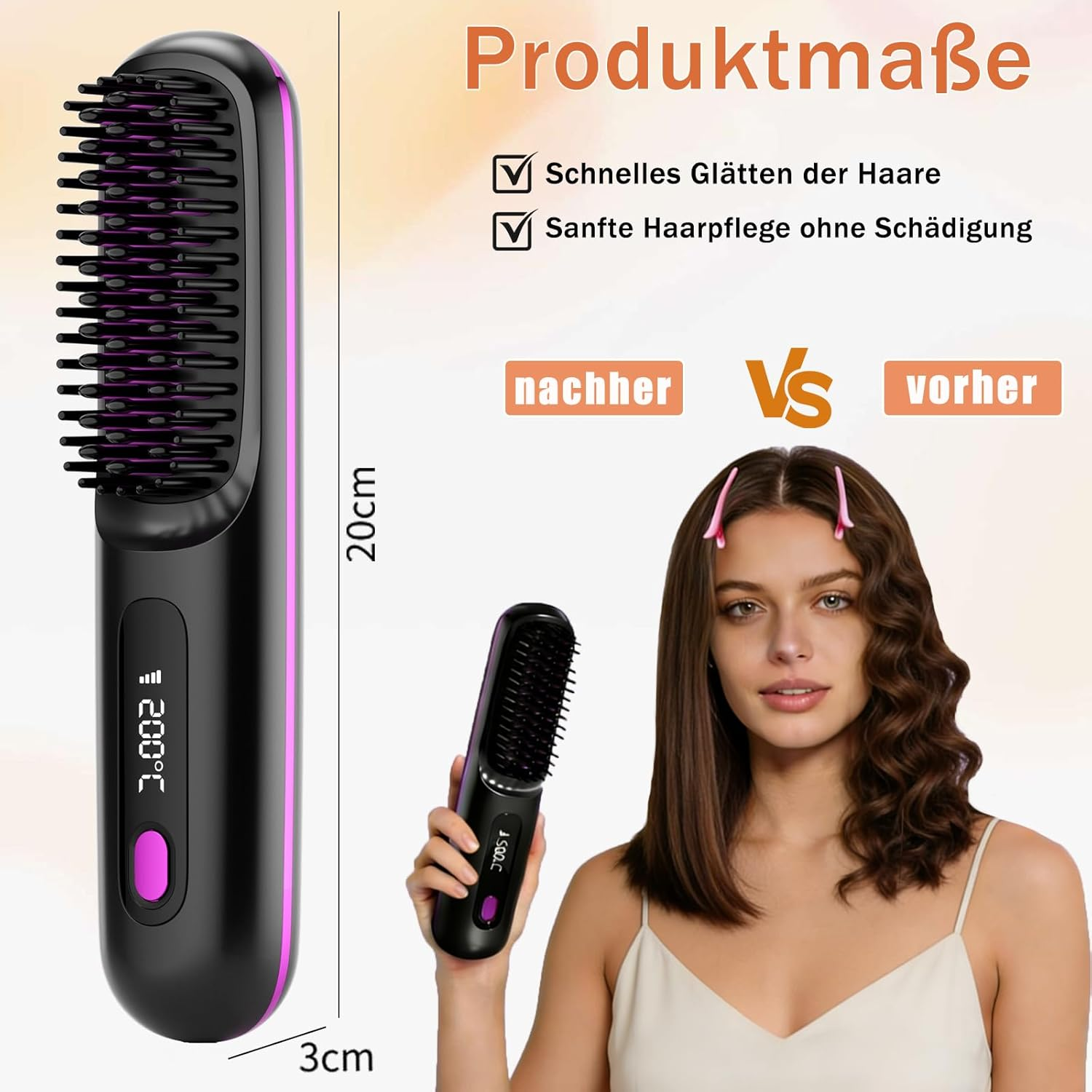 Gerade und gewellte Haare, Stylingbürste mit digitalen Display.