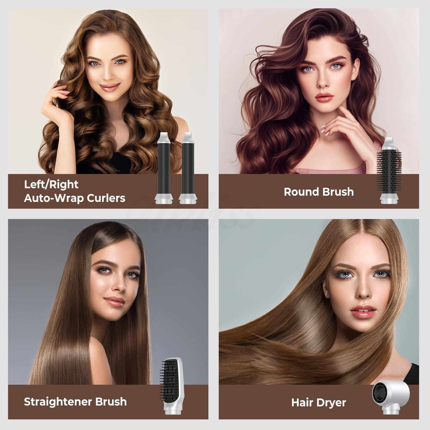 Frauen mit verschiedenen Frisuren und Haarwerkzeugen: Lockenstäbe, Rundbürste, Glättbürste, Föhn.