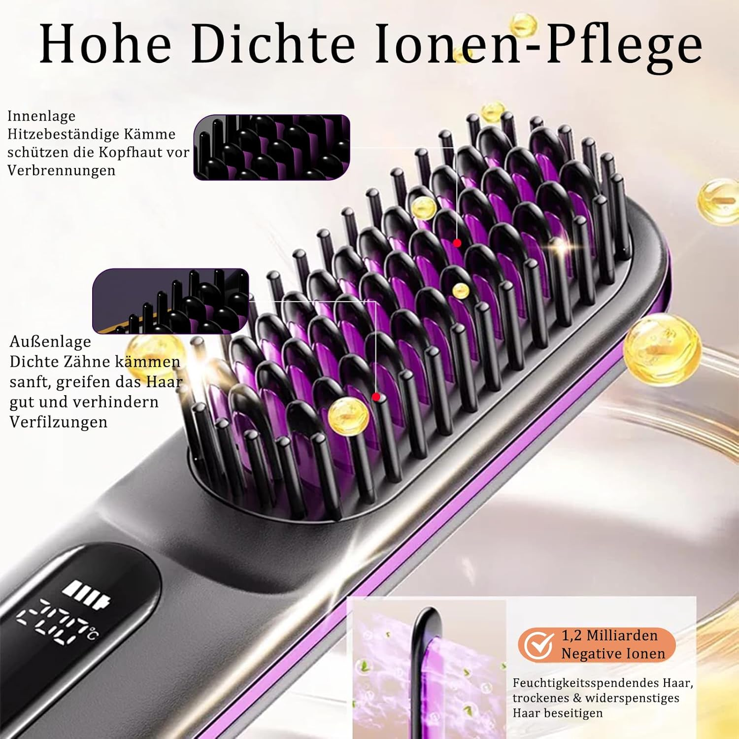 Elektrische Haarbürste mit lila Borsten, digitalen Display und Ionen-Pflege.