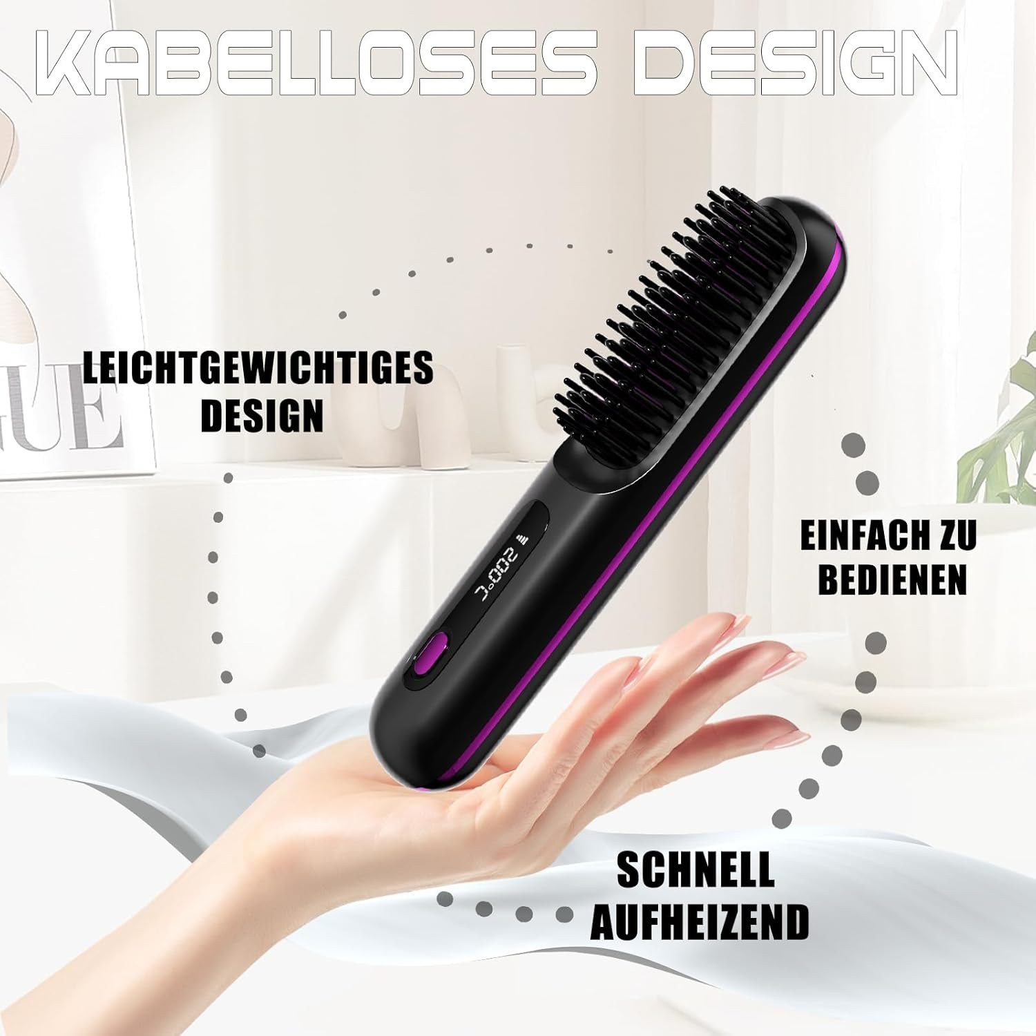 Schwarzer Haarstrehler mit violetter Akzentuierung, der in einer Hand gehalten wird.