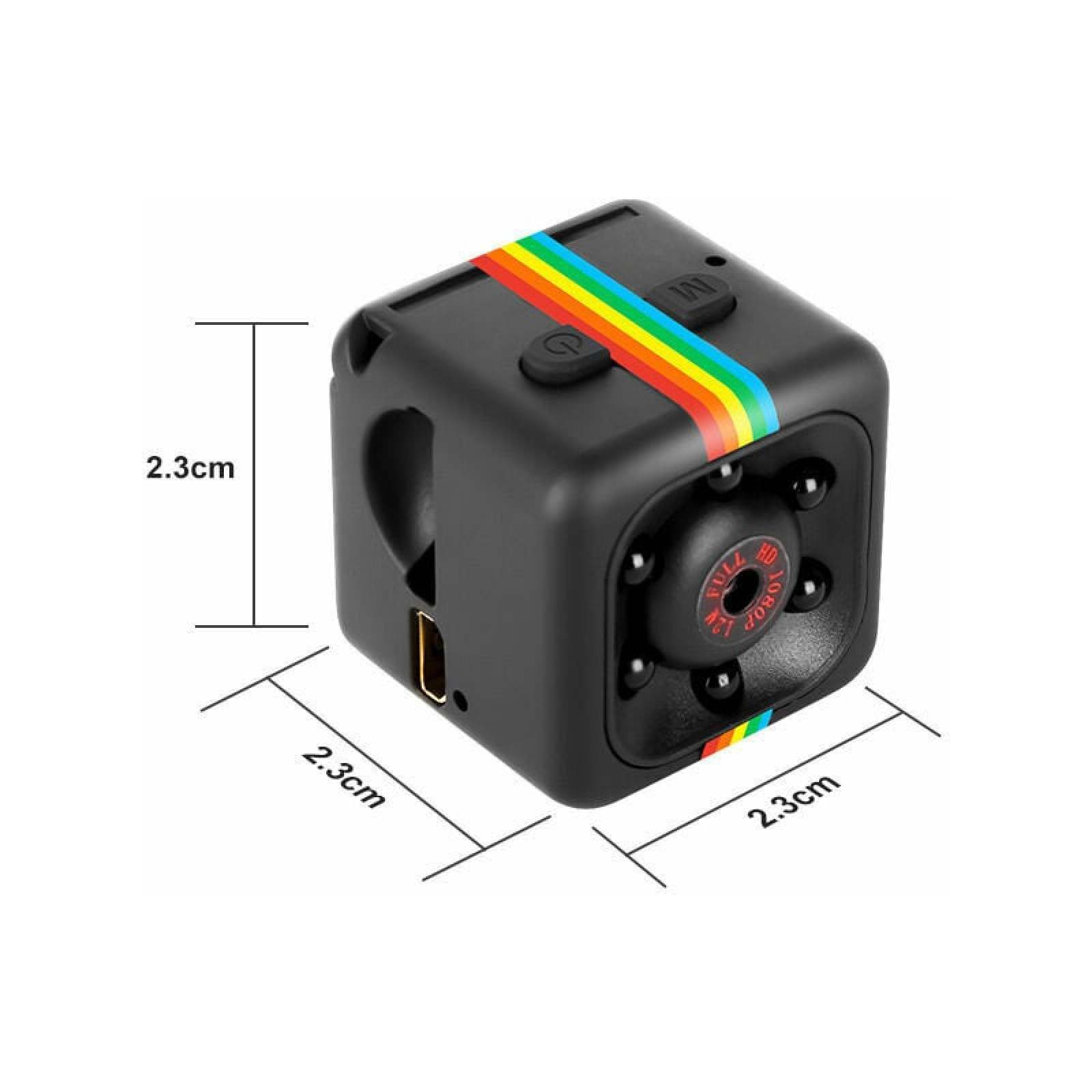 Kompakte schwarze Kamera, 2,3 cm Kantenlänge, mit Regenbogenband und Linse.