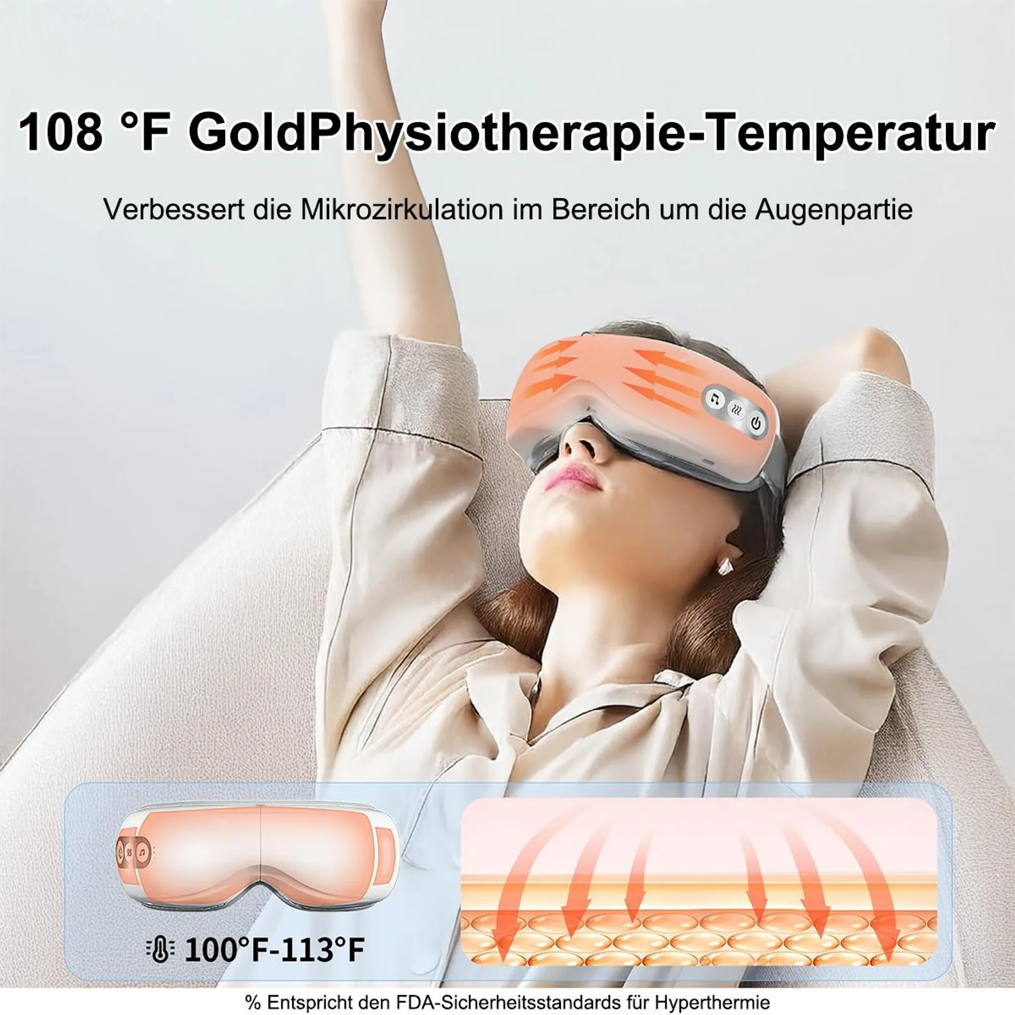 Eine Frau mit einer Augenmaske ruht sich aus, die Temperatur wird angezeigt.