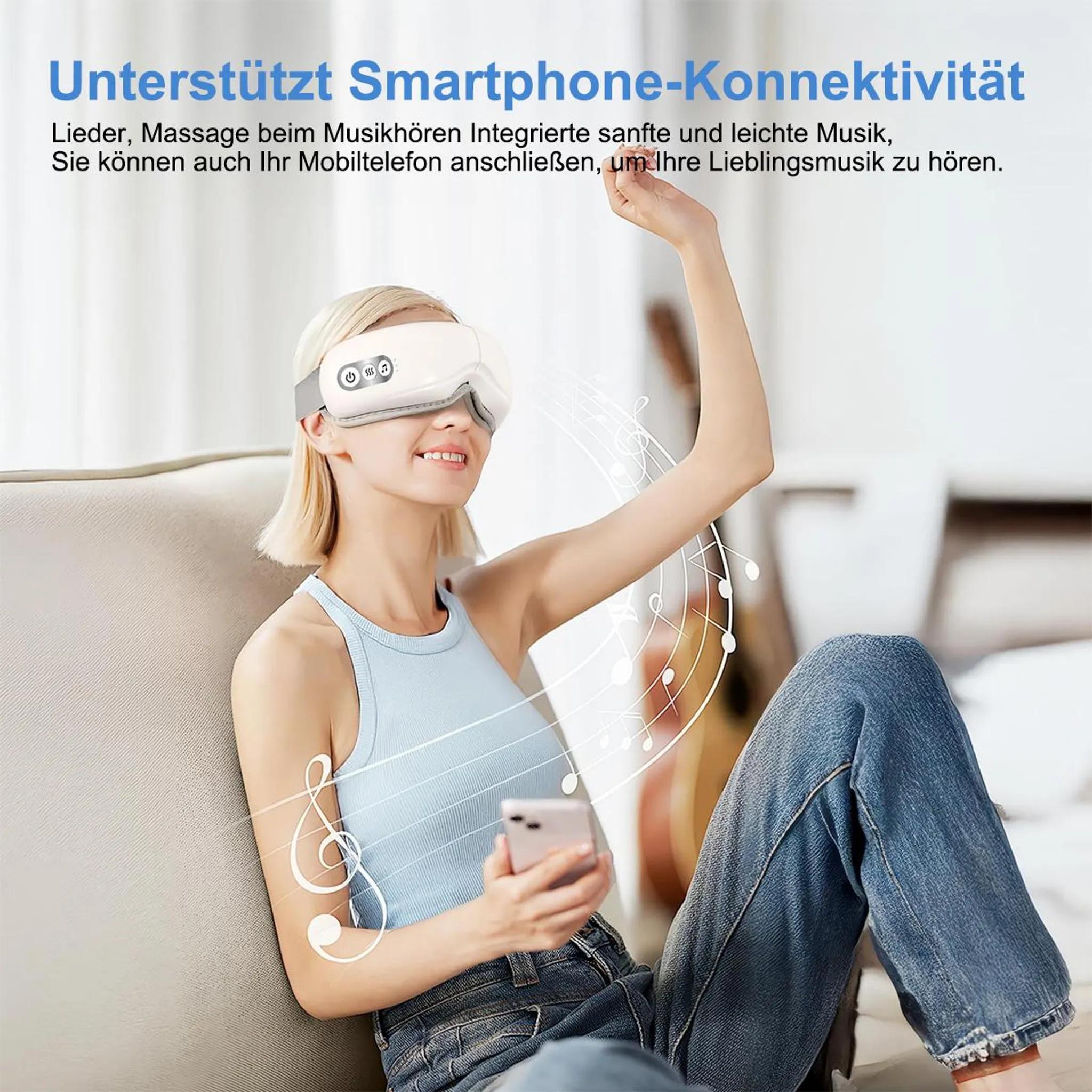 Frau mit Massagebrille und Handy, um Musik zu hören.