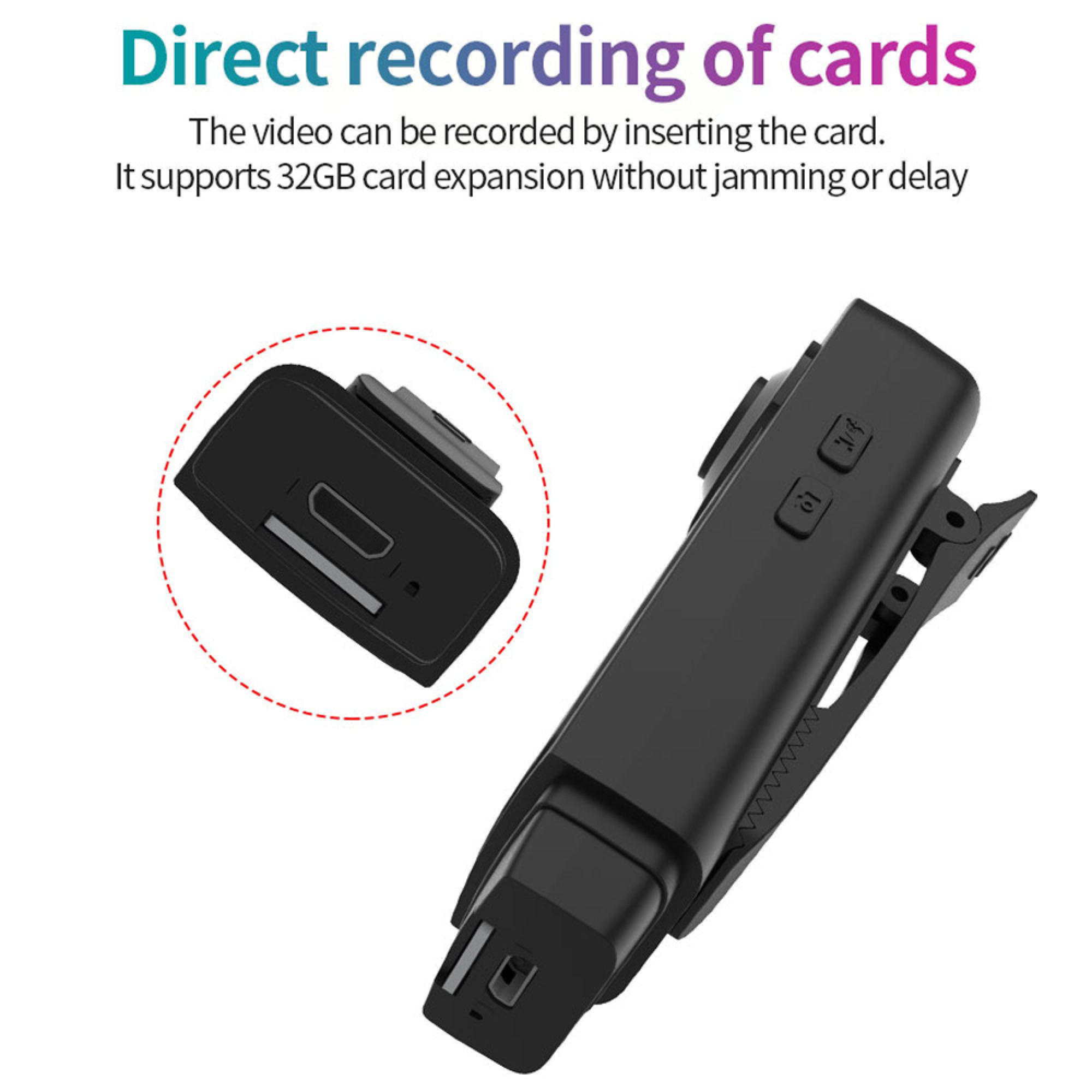 Schwarzer Clip-Rekorder mit SD-Kartensteckplatz und USB-Anschluss.