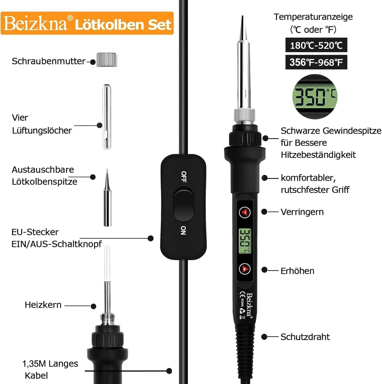 Ein Lötset mit Lötpistole, Ersatzspitzen, Schraubenmutter und Kabel.