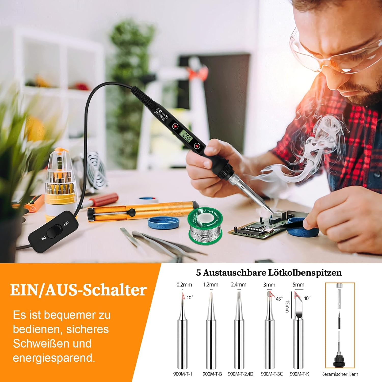 Mann lötet mit einem digitalen Lötkolben an einer Platine. Zubehör liegt bereit.