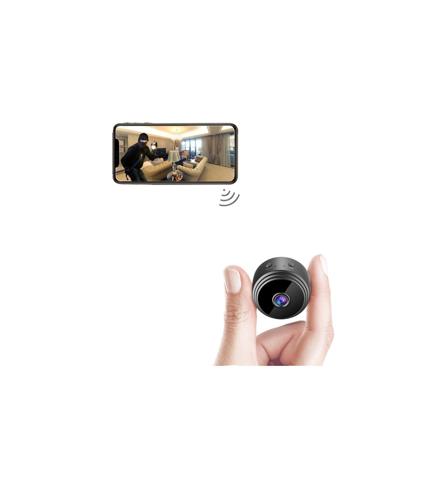Eine kleine Kamera wird in einer Hand gehalten, während ein Handy ein Wohnzimmer zeigt.