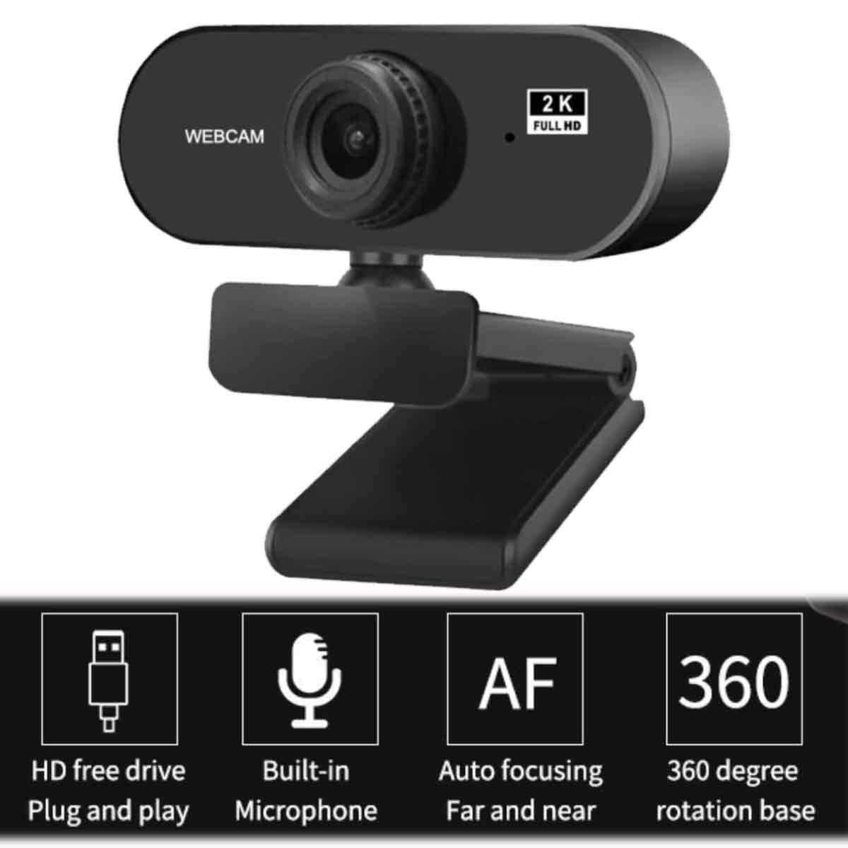 Schwarze 2K-Webcam mit Mikrofon und 360-Grad-Basis.