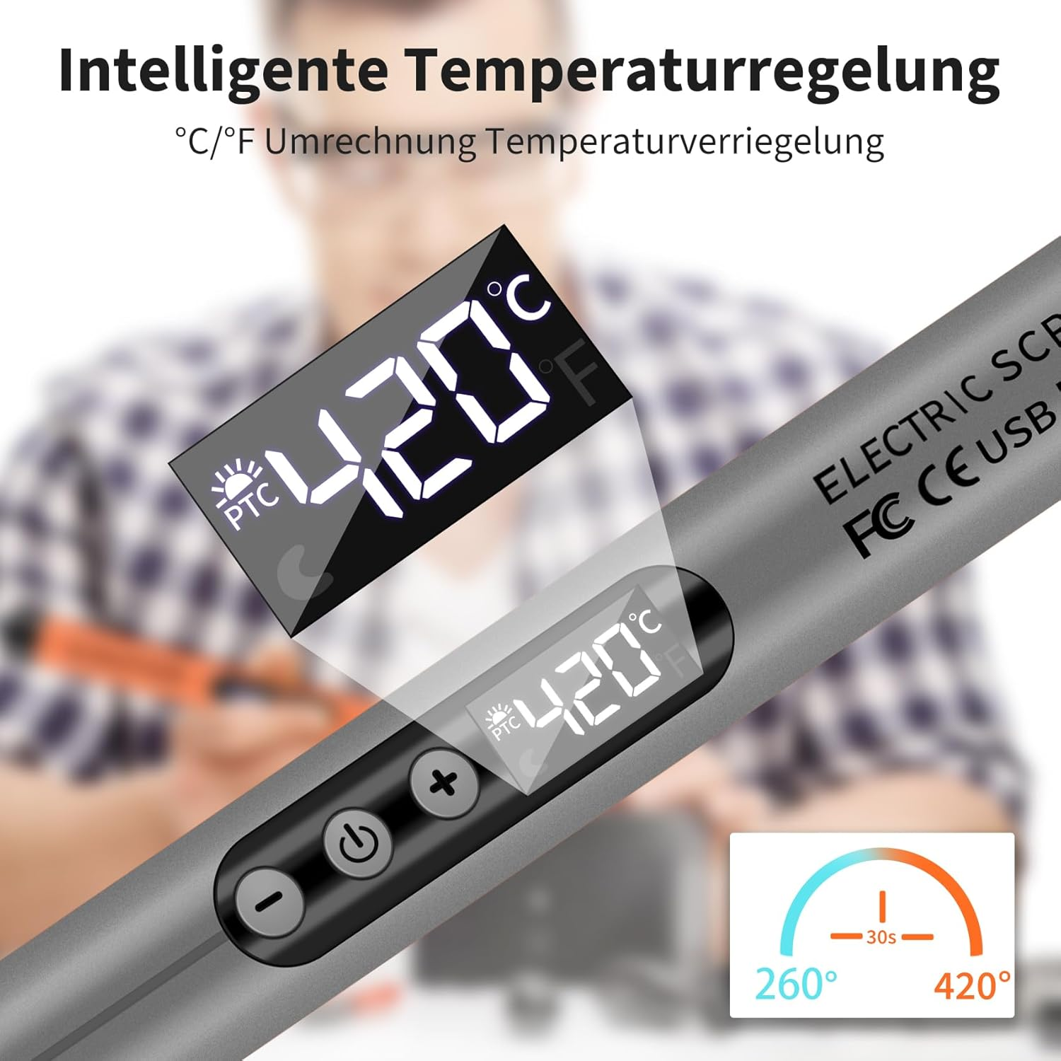 Graues Lötgerät mit digitaler Anzeige von 420°C und Bedienelementen.