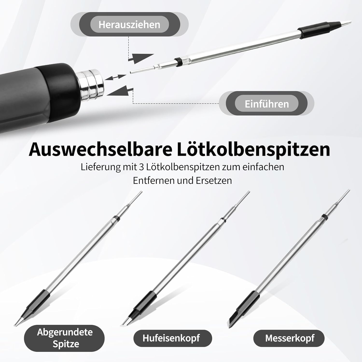Drei Lötspitzen: abgerundet, Hufeisen, Messer. Zum einfachen Austauschen.