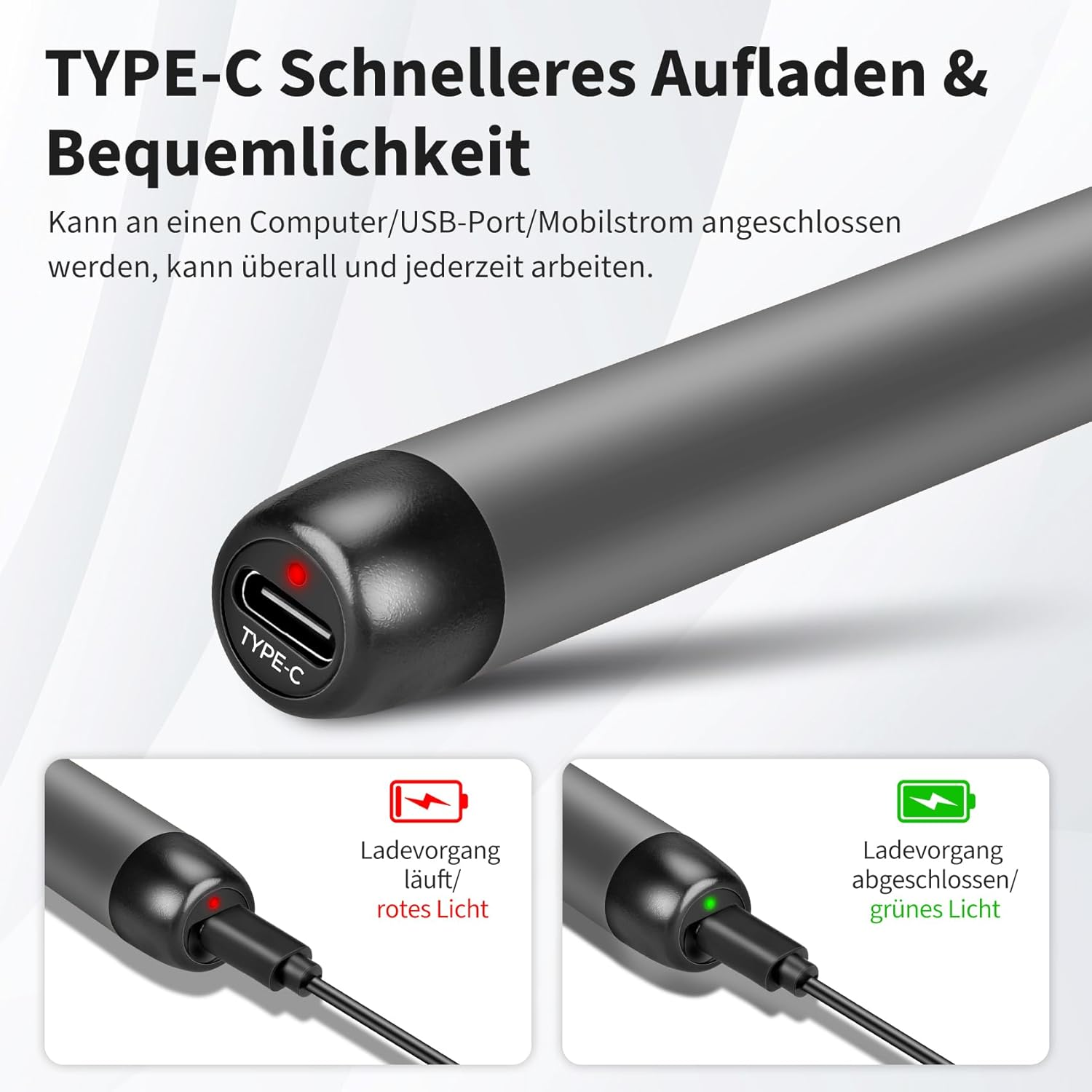 Grauer Stift mit Typ-C-Anschluss. Ladeanzeige rot oder grün.