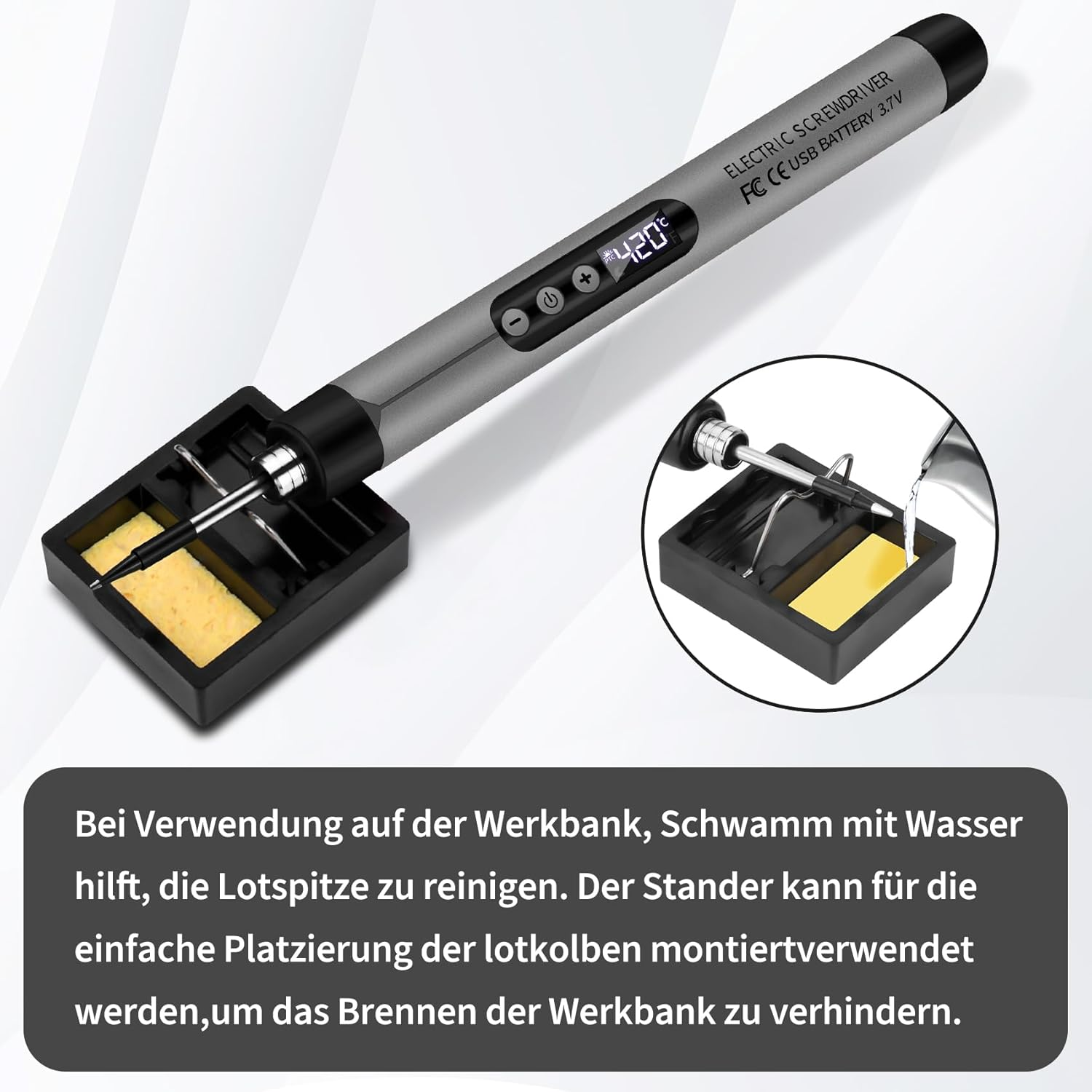 Ein elektrischer Lötkolben mit Ständer und Schwamm, Temperaturanzeige.