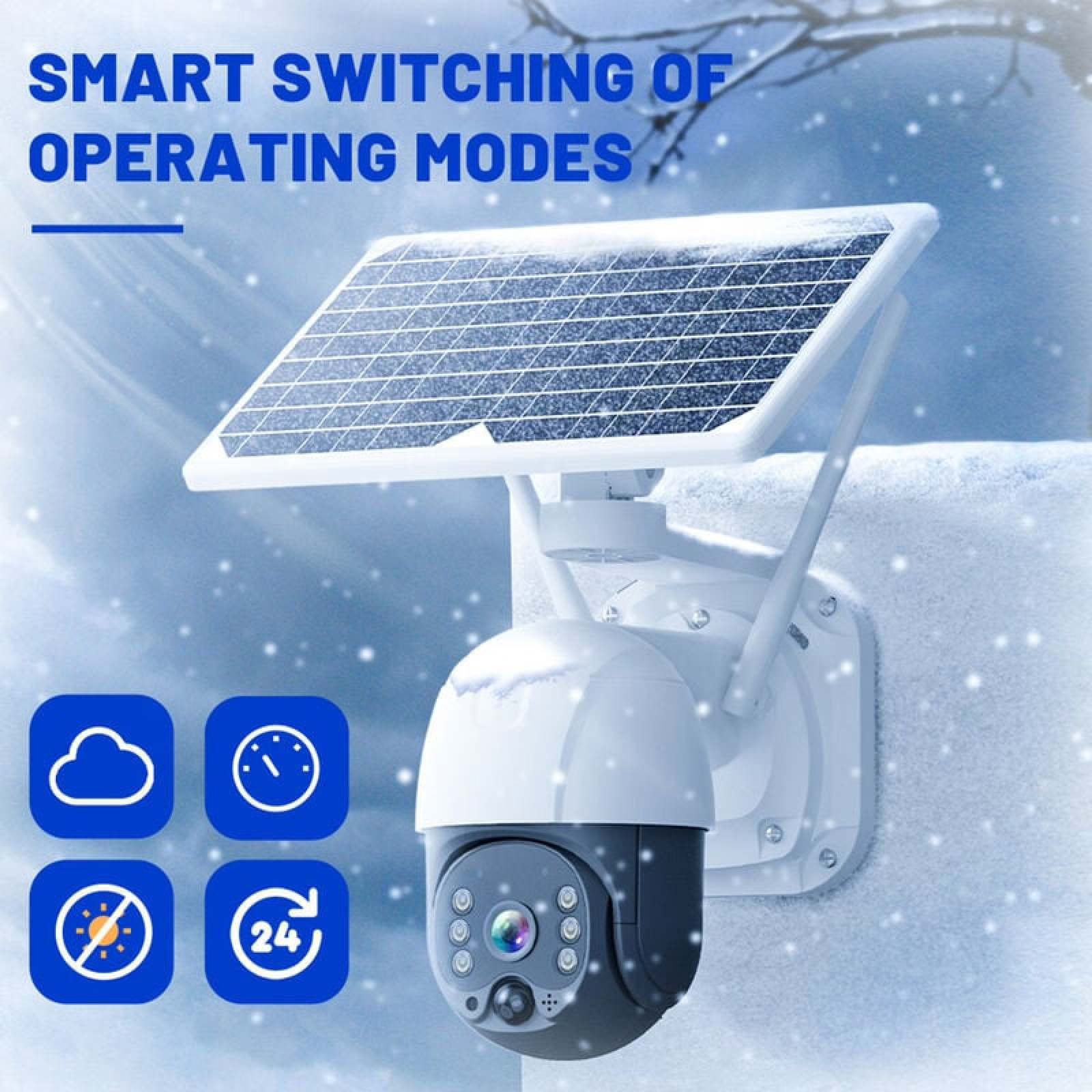 Überwachungskamera mit Solarpanel im Schnee, mit Symbolen für Wolke, Uhr, Sonne und 24.