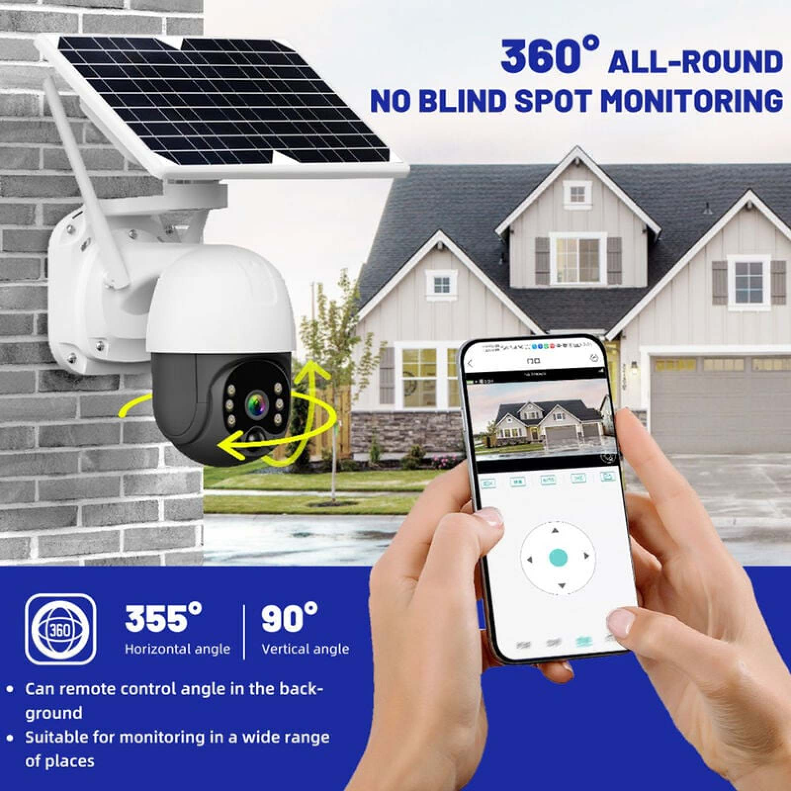 Überwachungskamera mit Solarpanel, die an einer Ziegelwand montiert ist. Sie wird per Smartphone gesteuert.