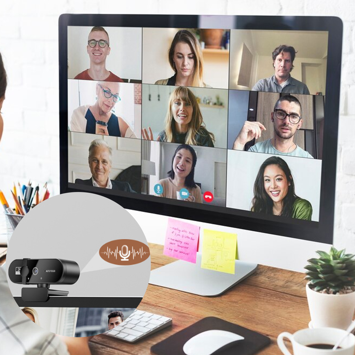 Bildschirm zeigt Videokonferenz mit 9 Personen. Daneben eine Webcam.