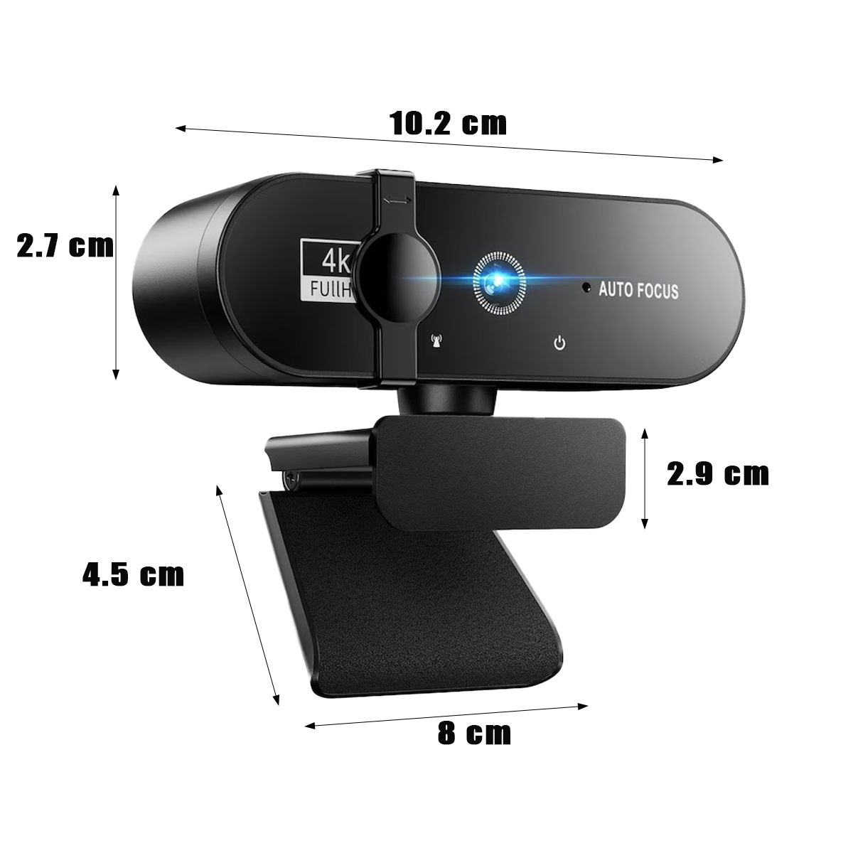 Schwarze Webcam mit Label '4k FULLH'. Maße angezeigt: 10,2cm, 2,7cm, 2,9cm, 4,5cm, 8cm.
