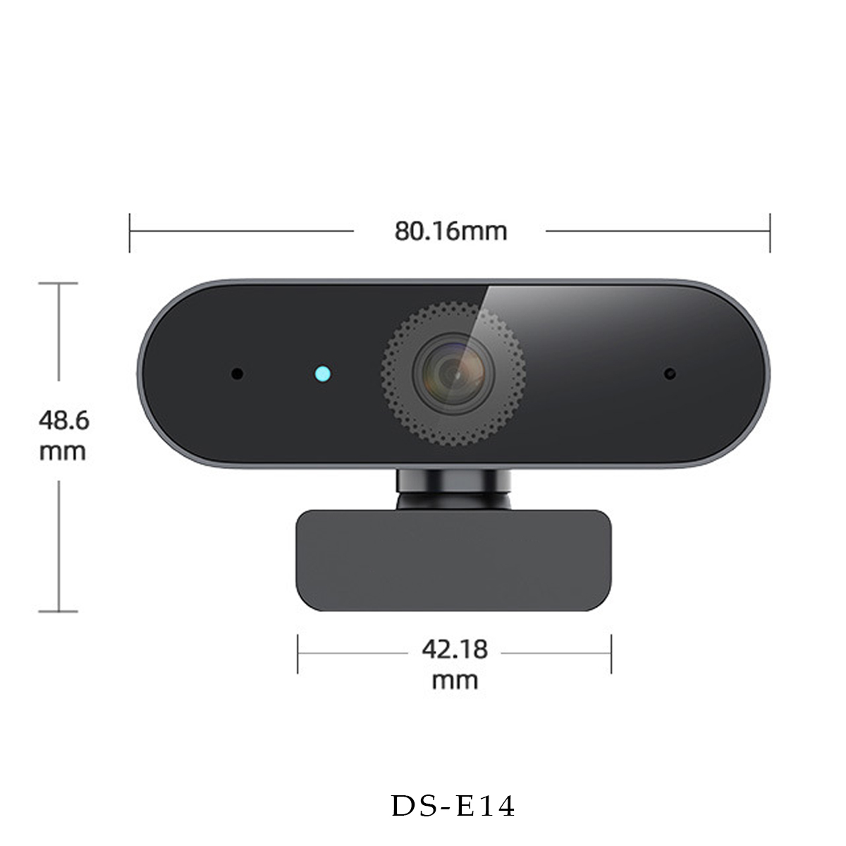 Eine schwarze Webcam mit Maßen 80,16 mm Länge und 48,6 mm Höhe.