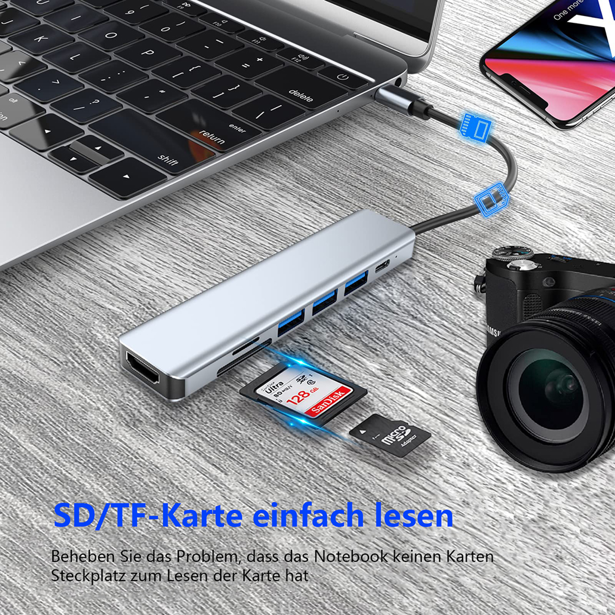 Silberner USB-C-Hub neben Laptop, Kamera, SD-Karte und Smartphone.