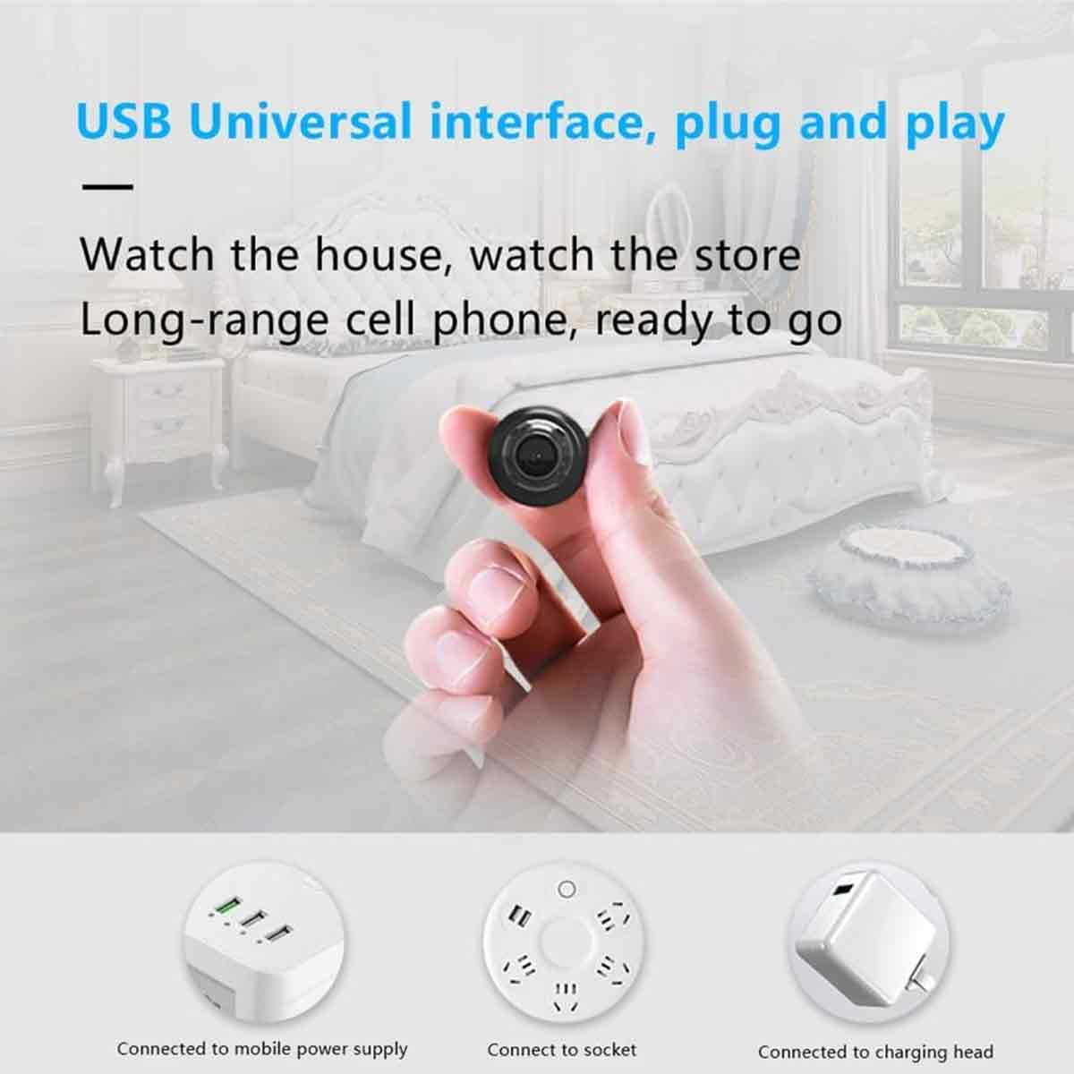 Hand hält winzige Kamera vor einem Bett. Unten: USB-Ladegeräte und eine Steckdose.