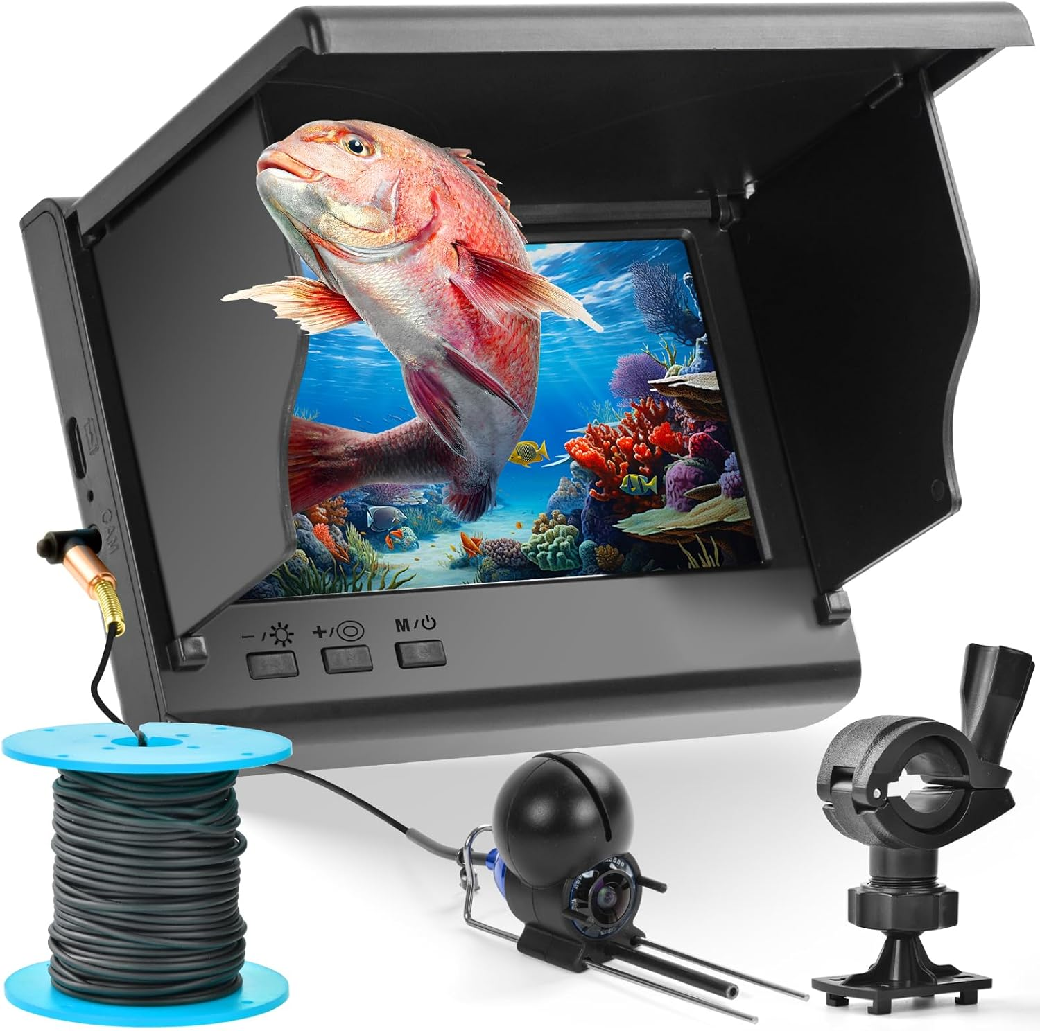 Fischfinder-Bildschirm zeigt roten Fisch im Korallenriff. Spule, Kamera und Halterung gezeigt.