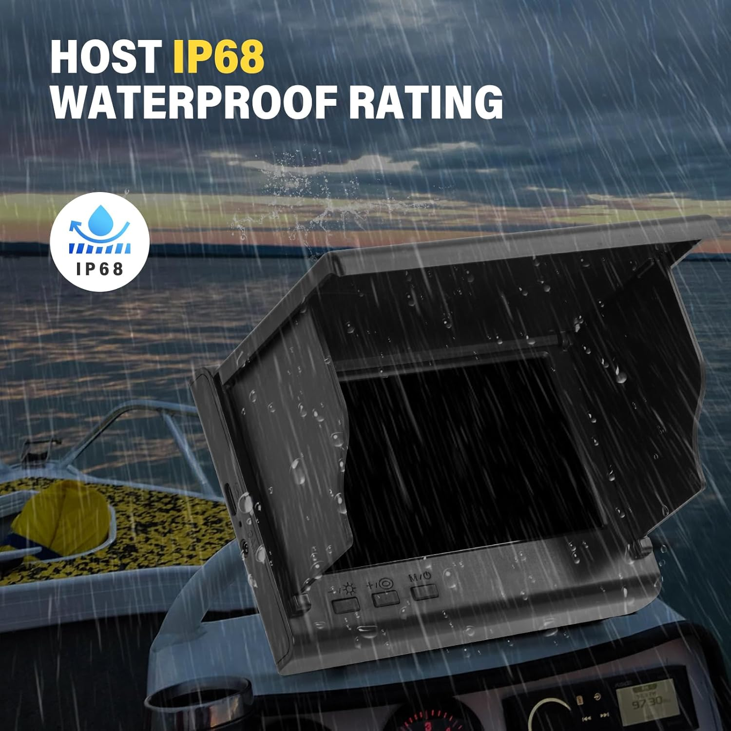 Ein wasserdichtes Gerät mit IP68-Bewertung auf einem Boot bei Regen.