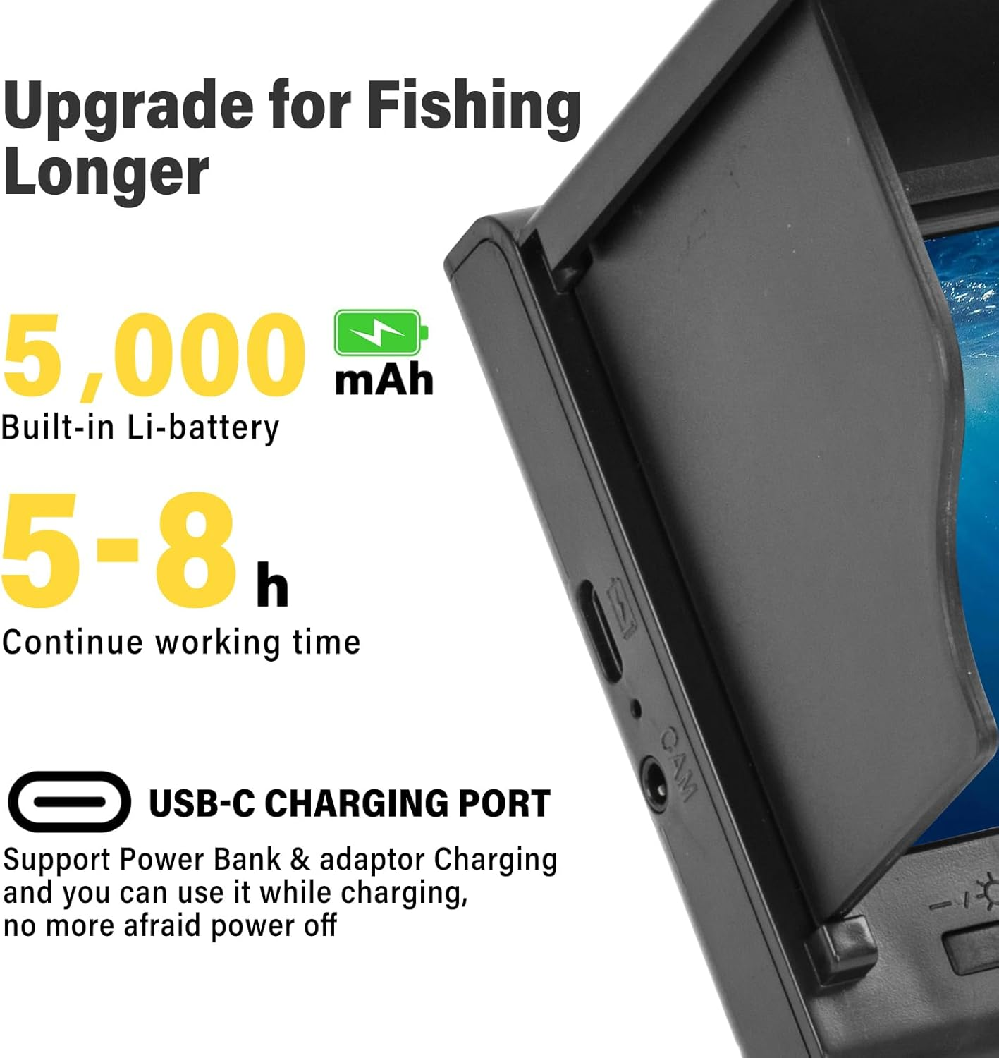 Fischereigerät mit 5000mAh Akku, 5-8h Arbeitszeit, USB-C-Ladung.