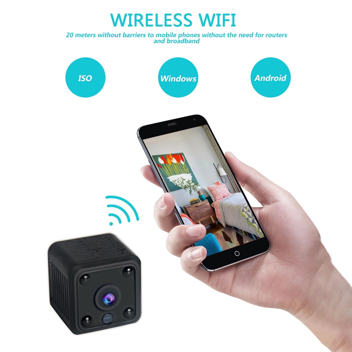 Schwarze quadratische WLAN-Kamera, verbunden mit einem Smartphone, das ein Schlafzimmer anzeigt.