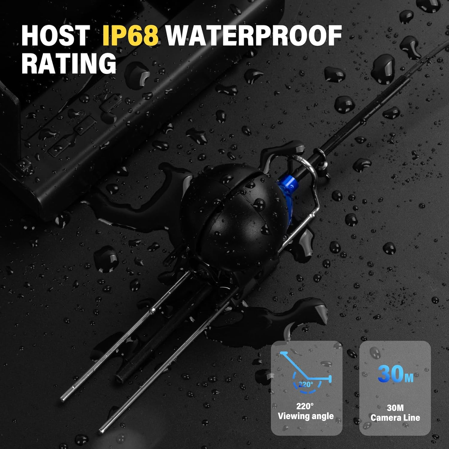 Schwarzer wasserdichter Host mit IP68-Bewertung und 220° Betrachtungswinkel.