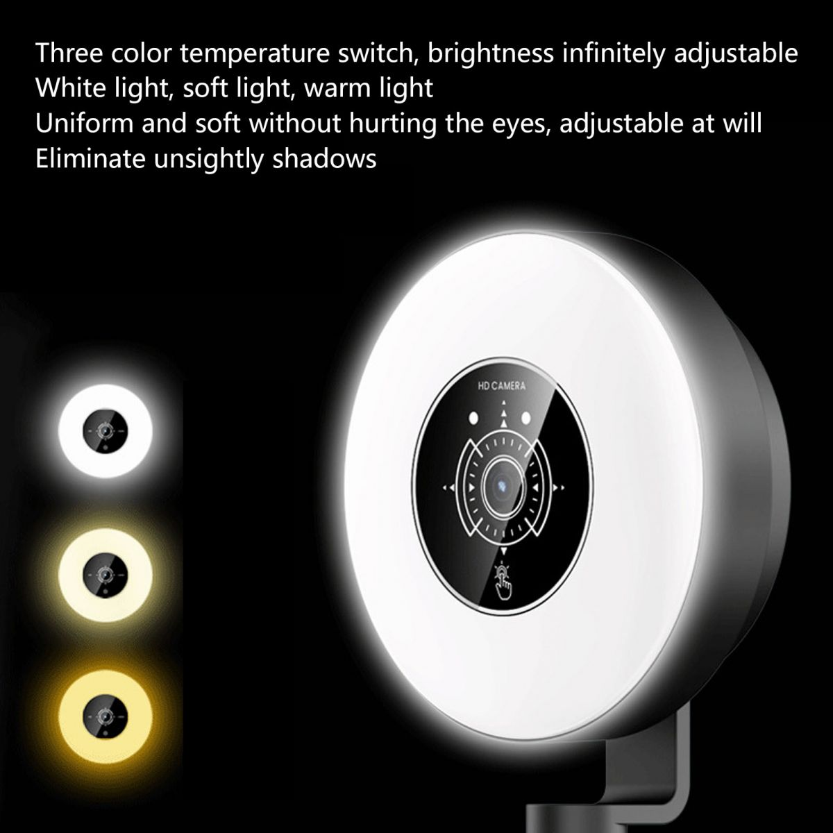 Ein Ringlicht mit HD-Kamera hat drei Farbtemperaturen: weiß, sanft und warm.