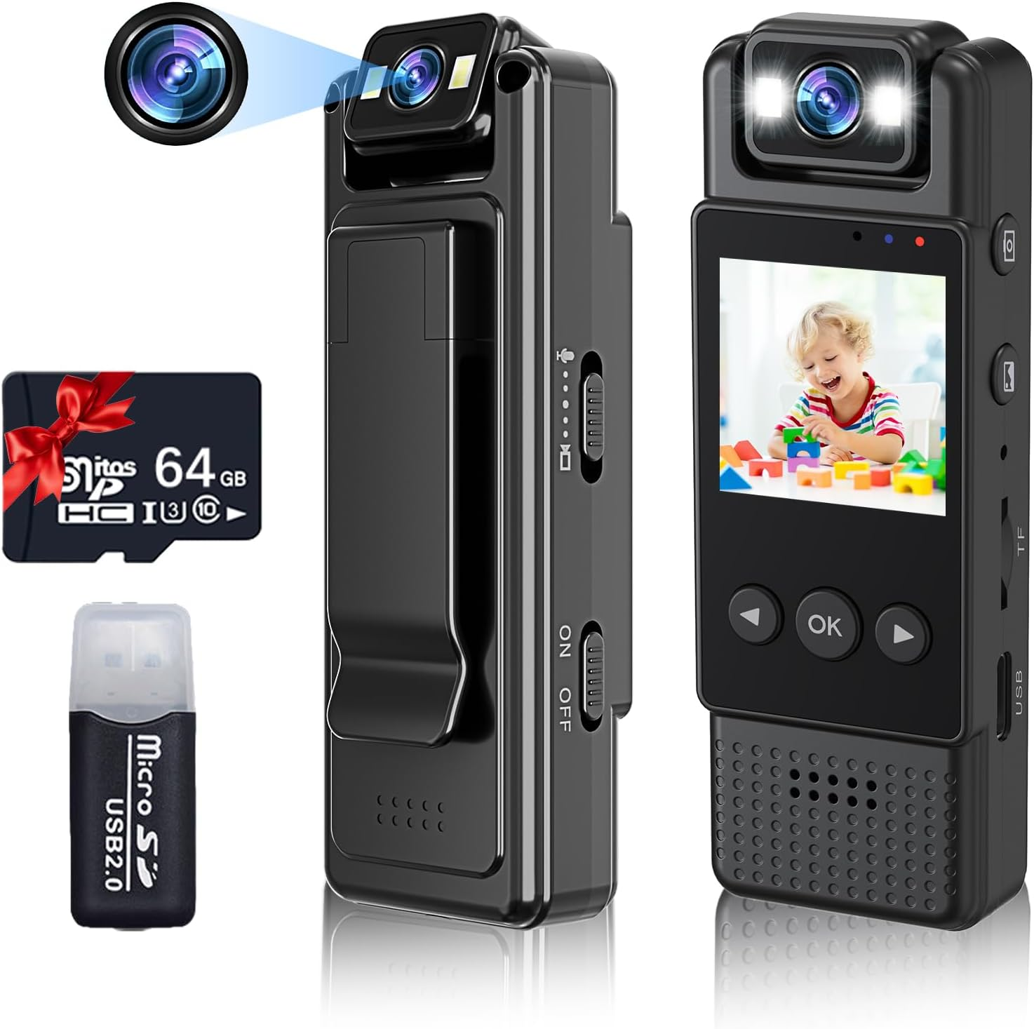 Schwarze tragbare Kamera mit Zubehör: SD-Karte, USB-Kartenleser und Clip.